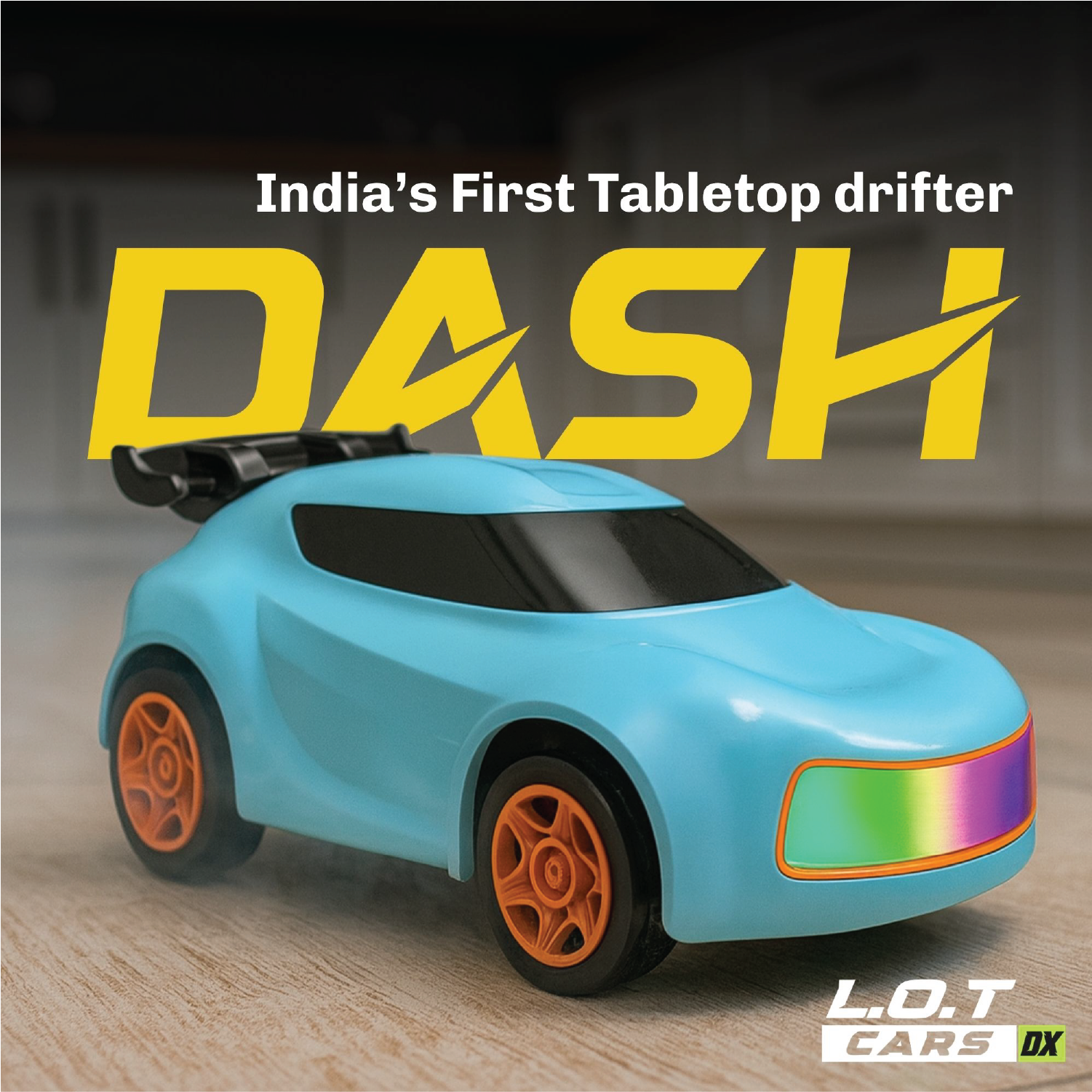 Blue RC Toy car with 'DASH' branding on a wooden surface