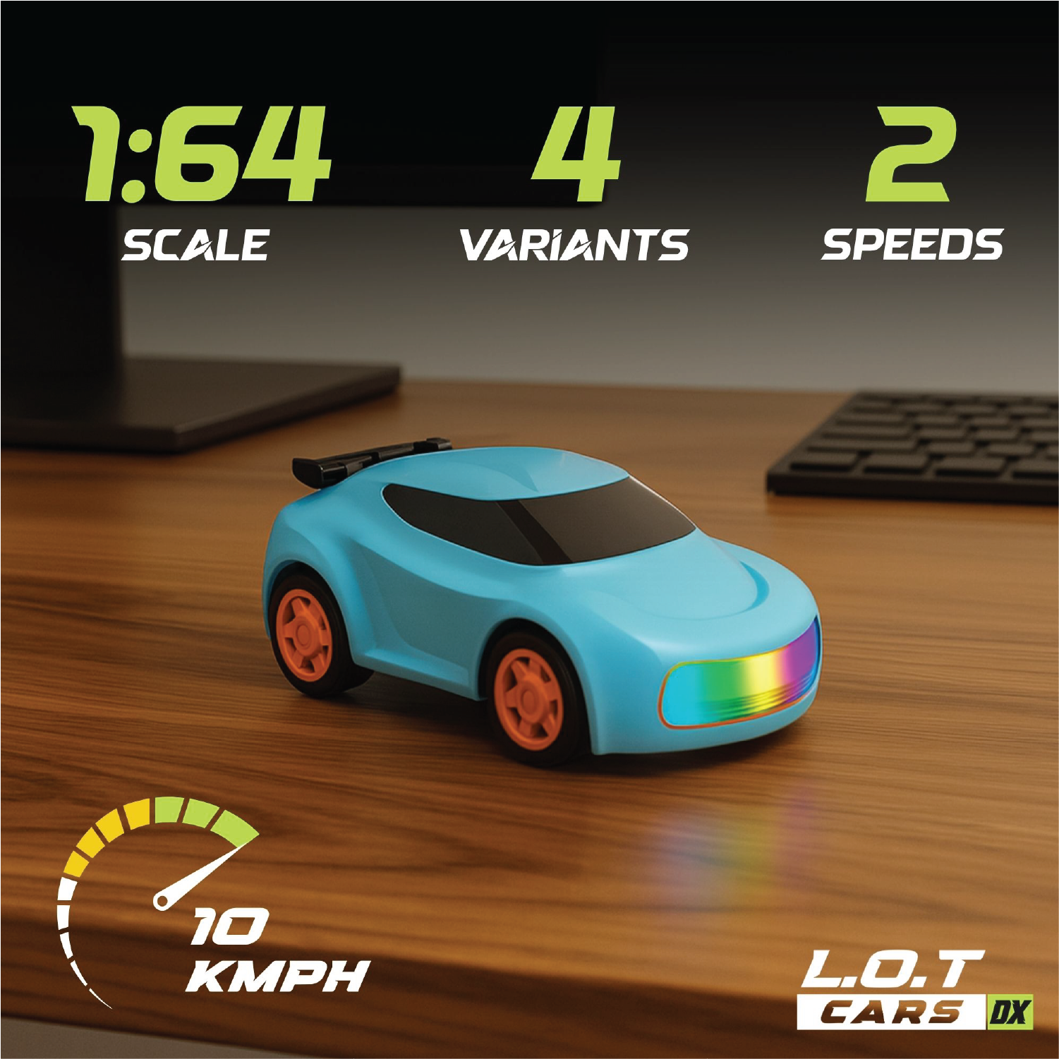 Blue Toy RC car on a desk with specifications displayed