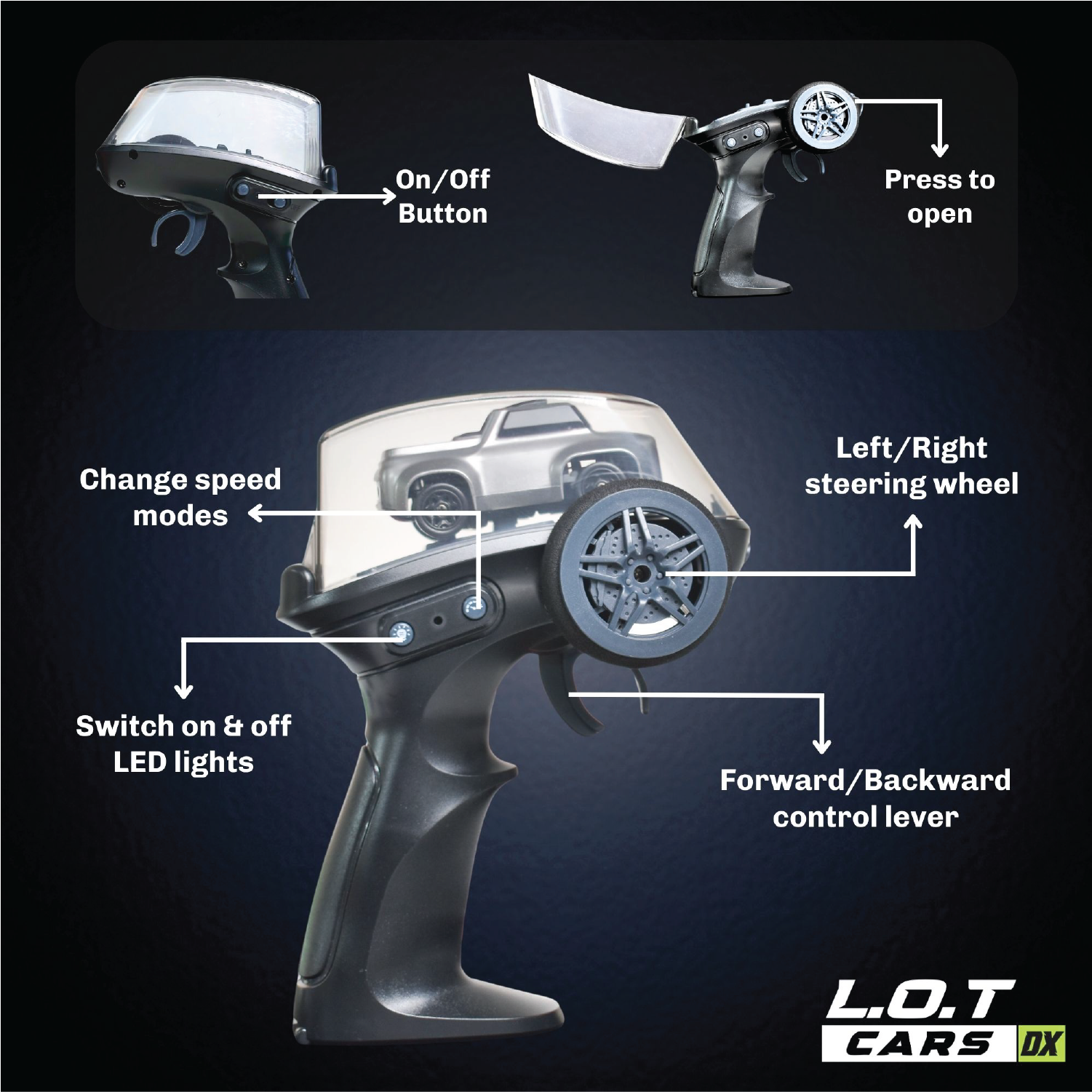 Remote Control with labeled parts on a dark background, featuring L.O.T Cars branding.