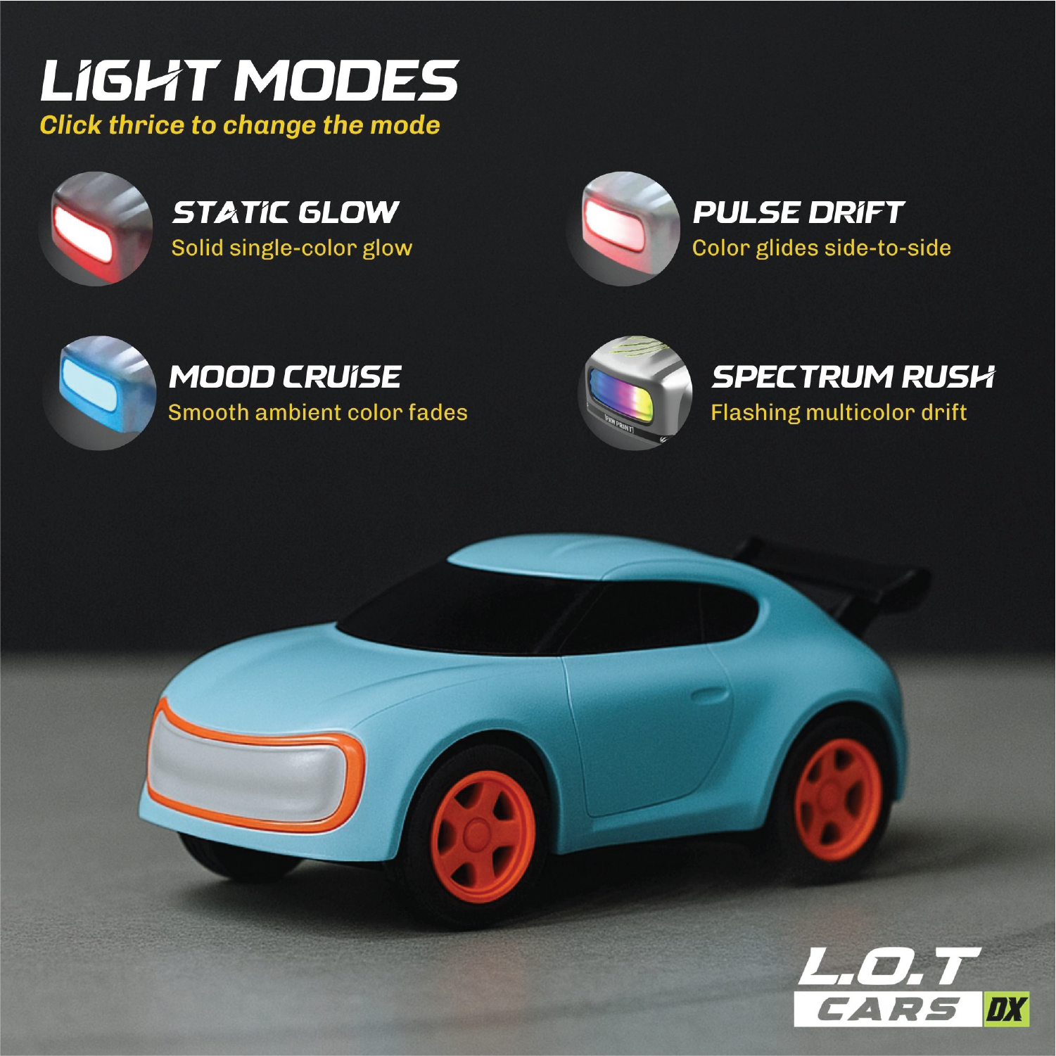 Blue RC Toy car with light mode options on a dark background