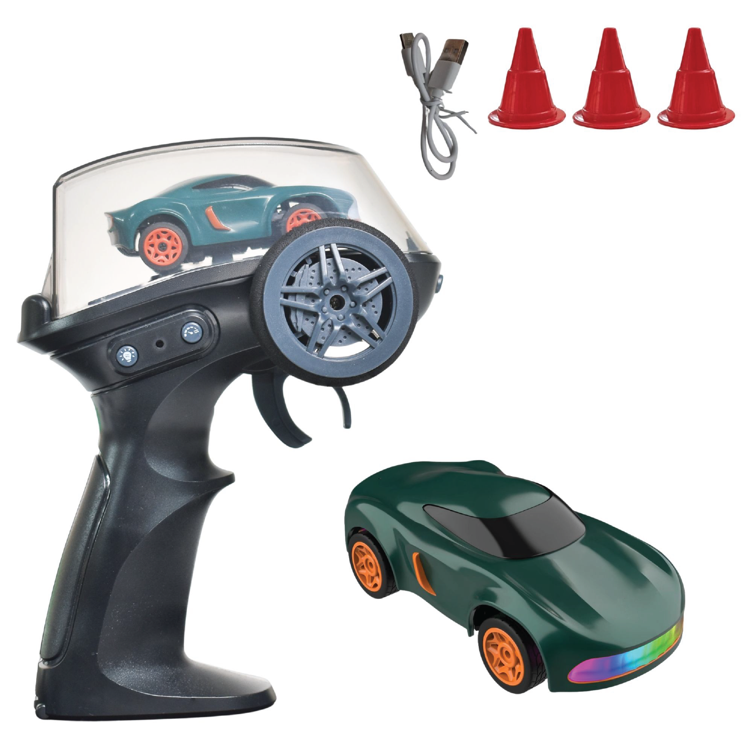 Remote control car set with controller, RC car, and traffic cones on a white background