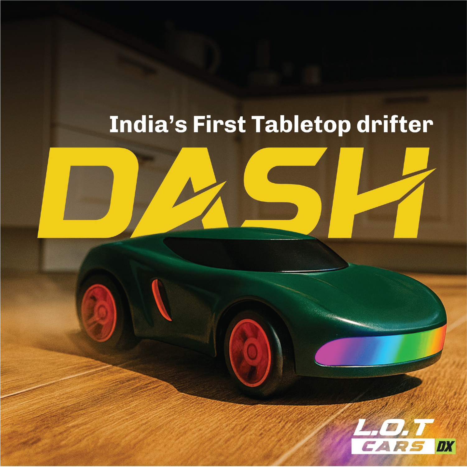 Green RC Toy car with rainbow accents on a wooden surface, labeled 'India's First Tabletop Drifter DASH' by L.O.T Cars.