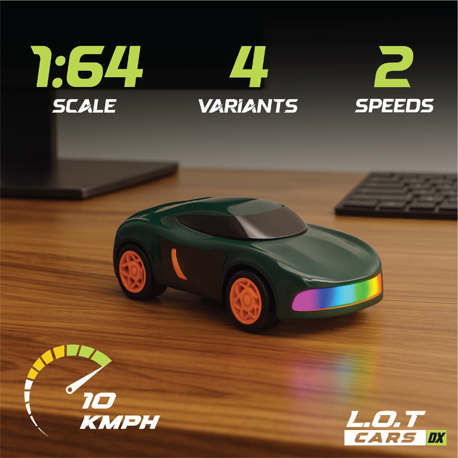 Green Toy RC car with specifications on a desk