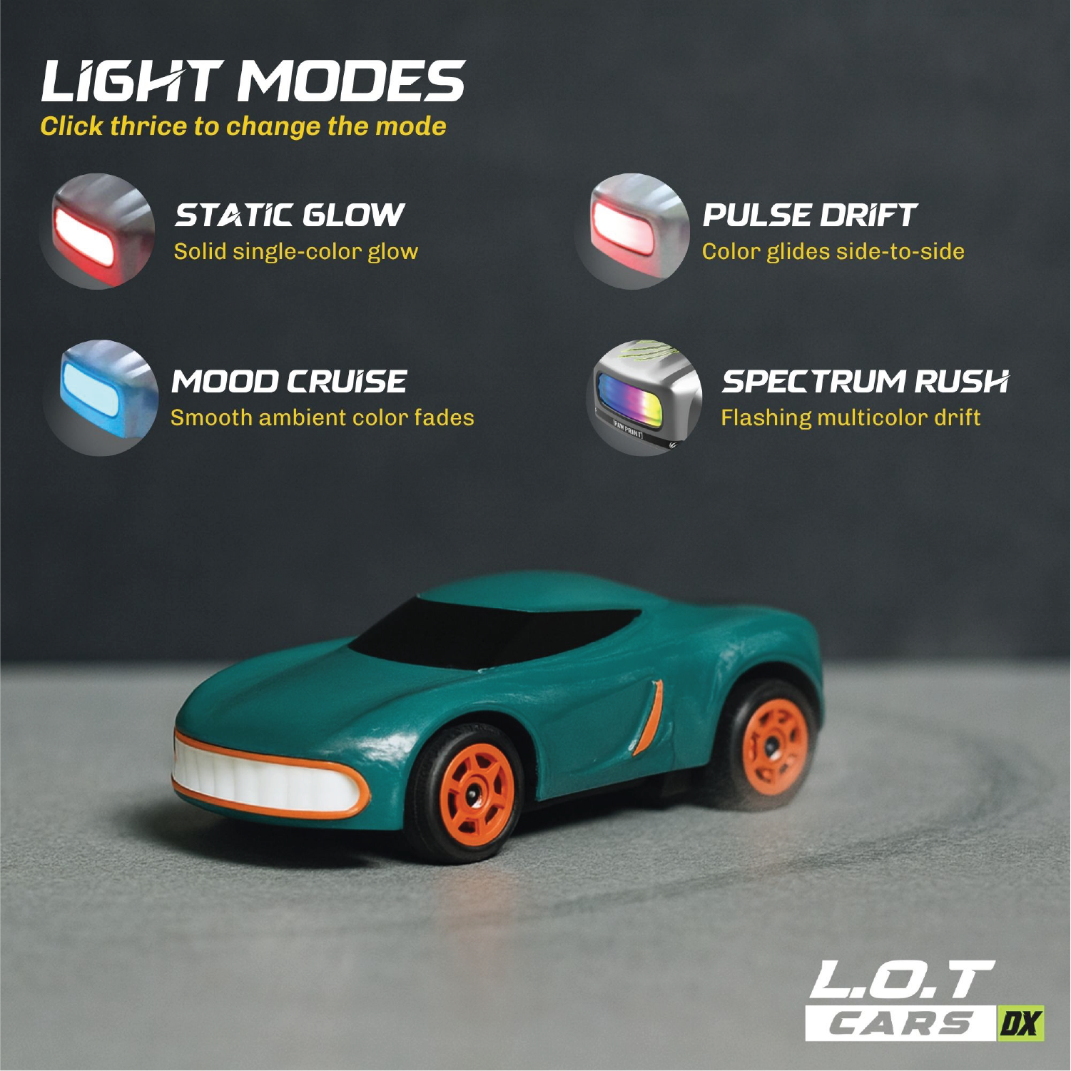 Green RC car with light mode options on a gray background