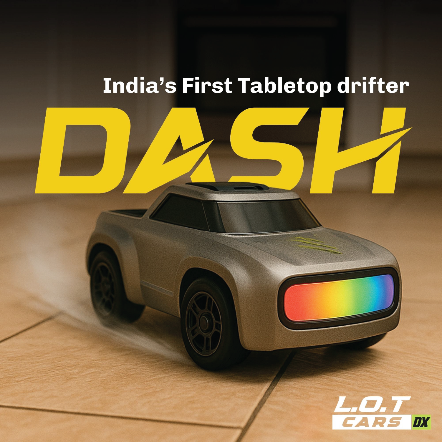 Silver RC Toy car with rainbow lights on a wooden surface, labeled 'India's First Tabletop Drifter DASH' by L.O.T Cars DX.