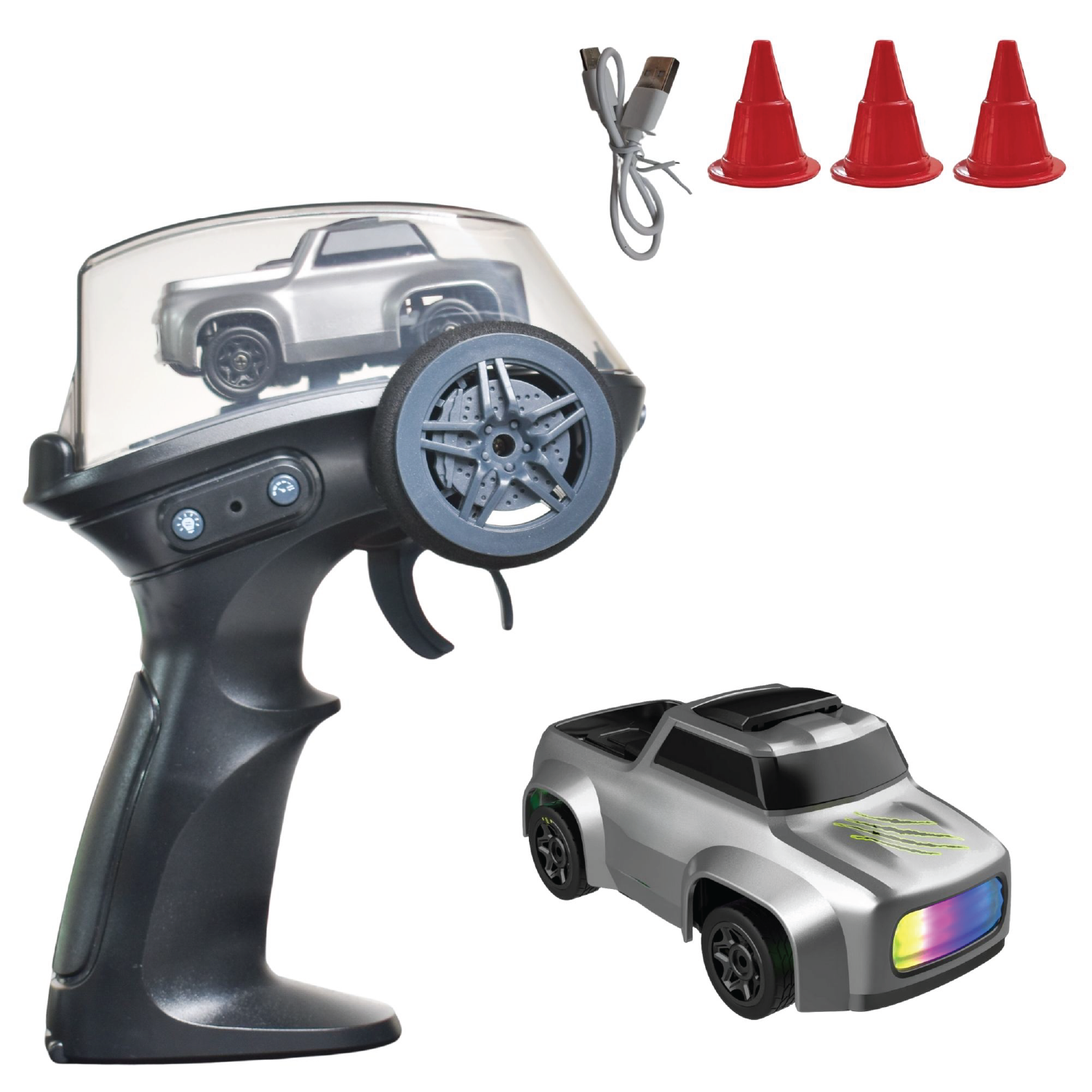 Remote control car set with controller, RC car, and traffic cones on a white background