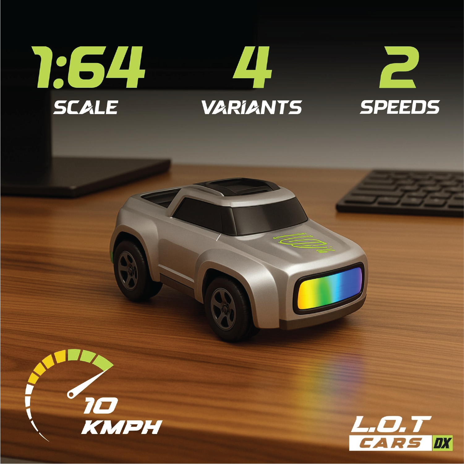 Silver RC Toy car on a wooden surface with specifications displayed