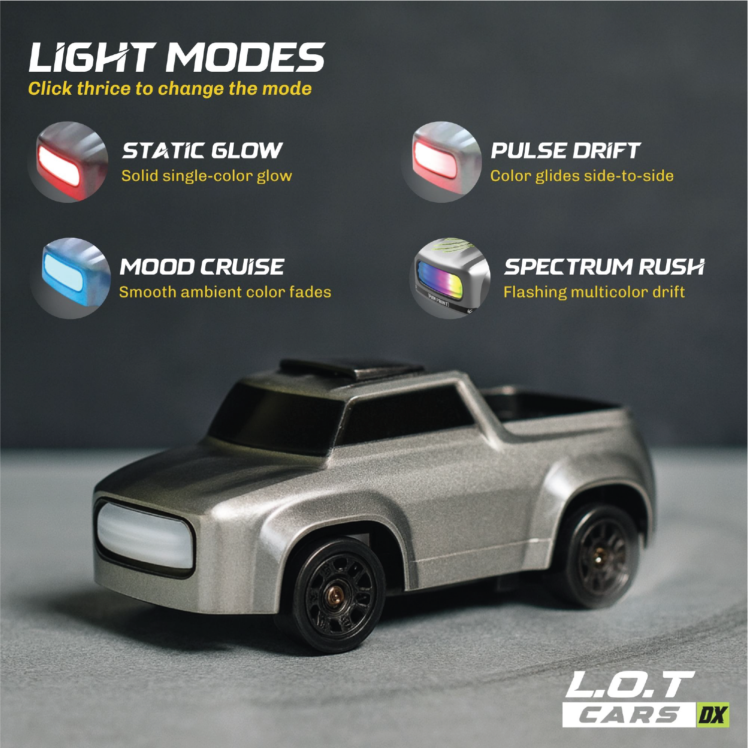 Silver Model RC truck with light mode options on a gray background