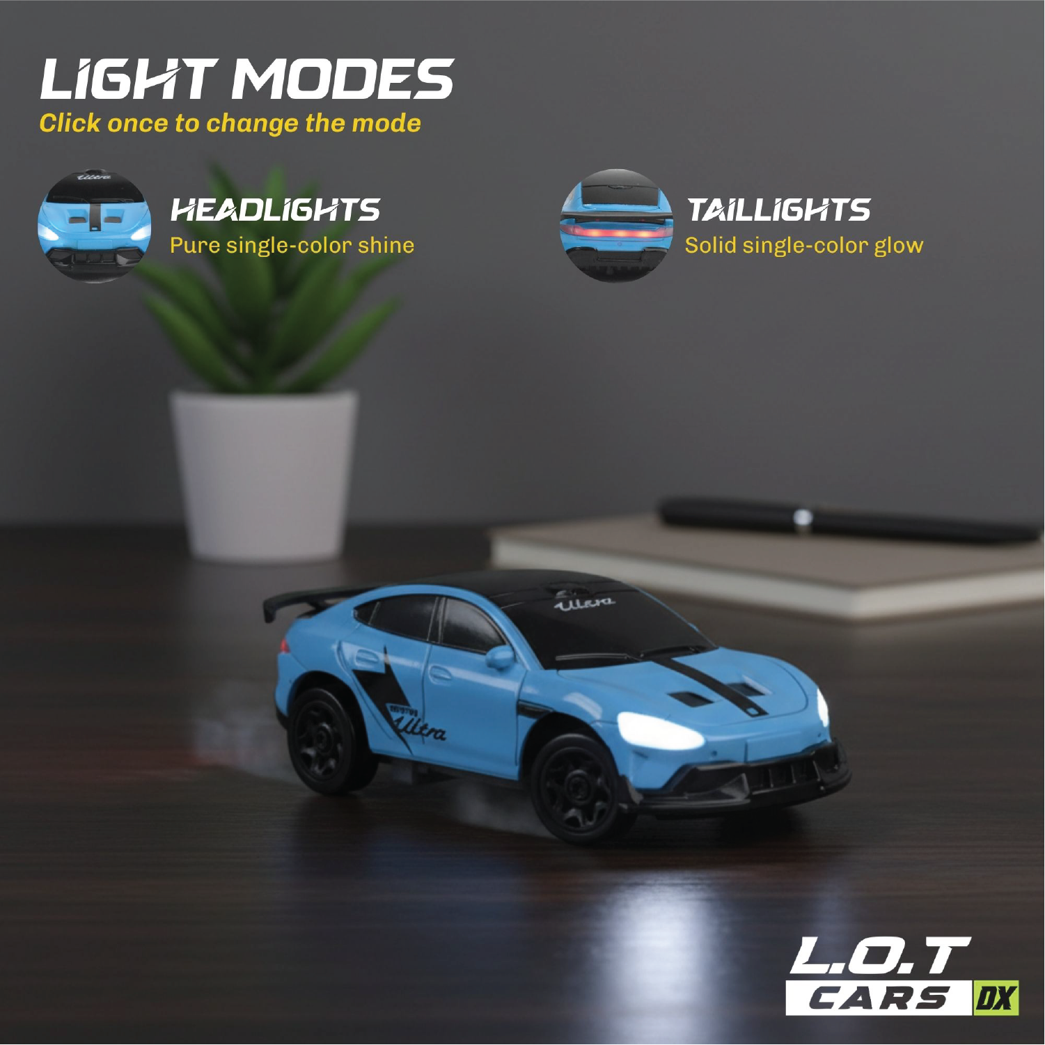 Blue toy RC car with light modes displayed on a dark surface
