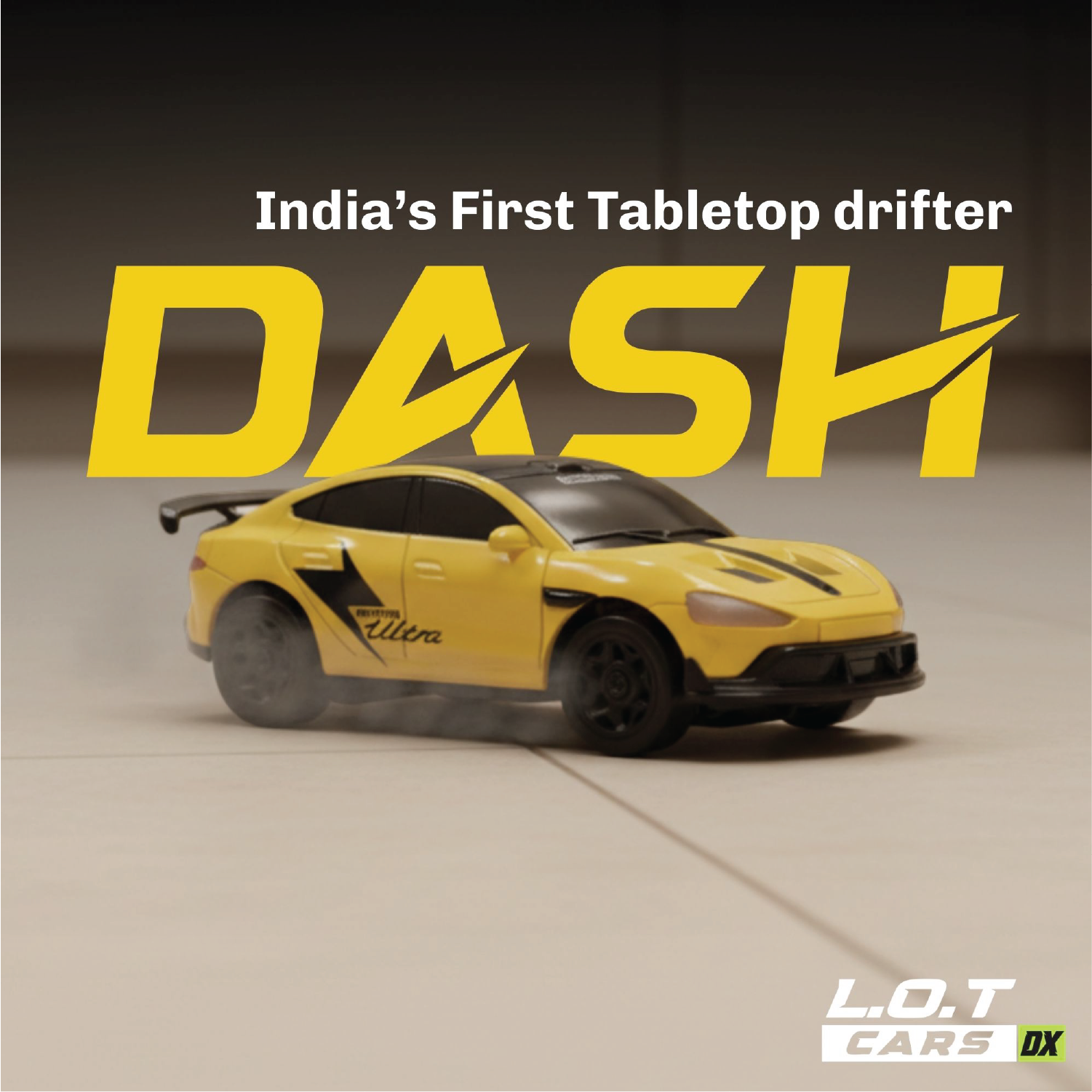 Yellow toy RC car with 'DASH' branding on a gray surface