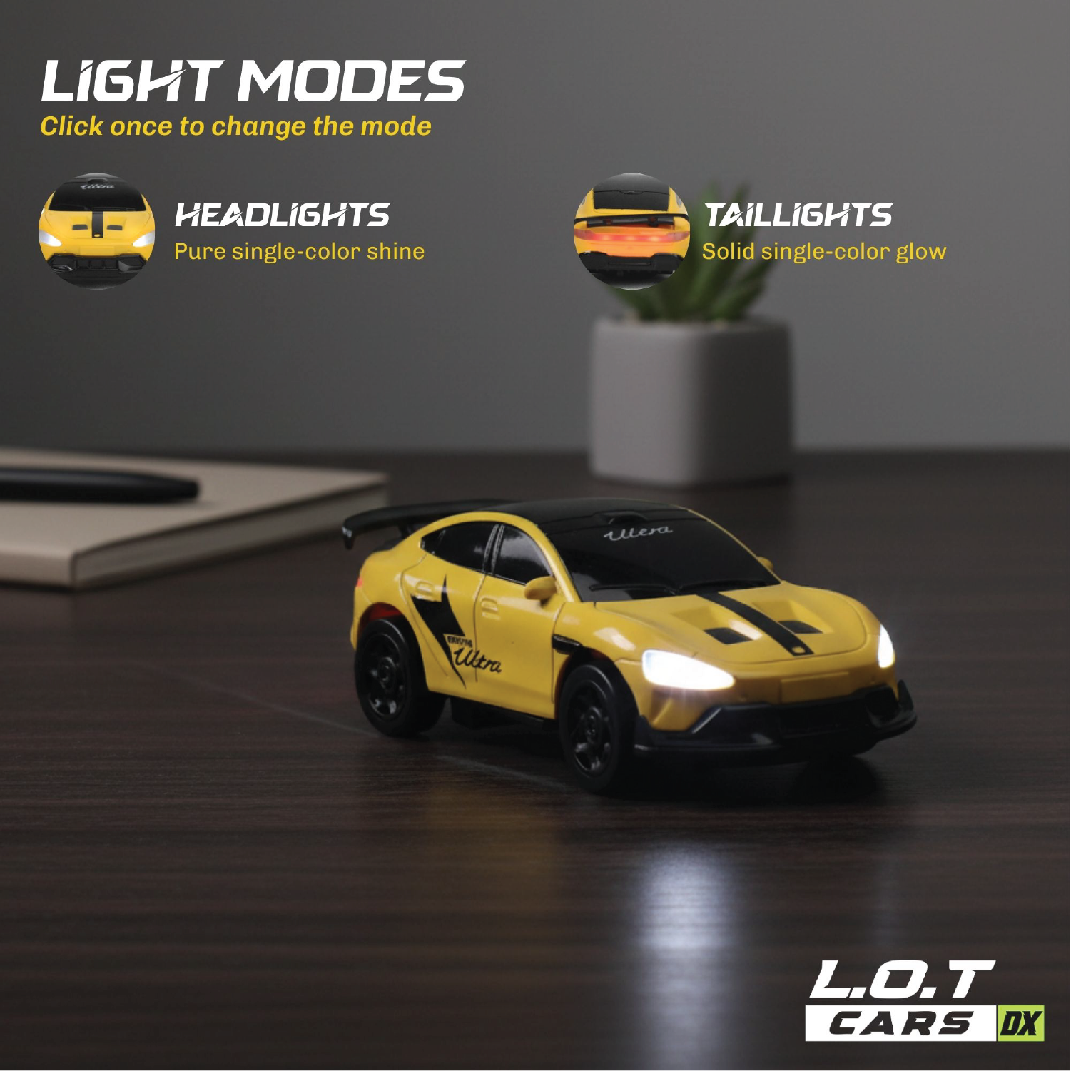 Yellow and black rc toy car showcasing it's features of various light mode options.