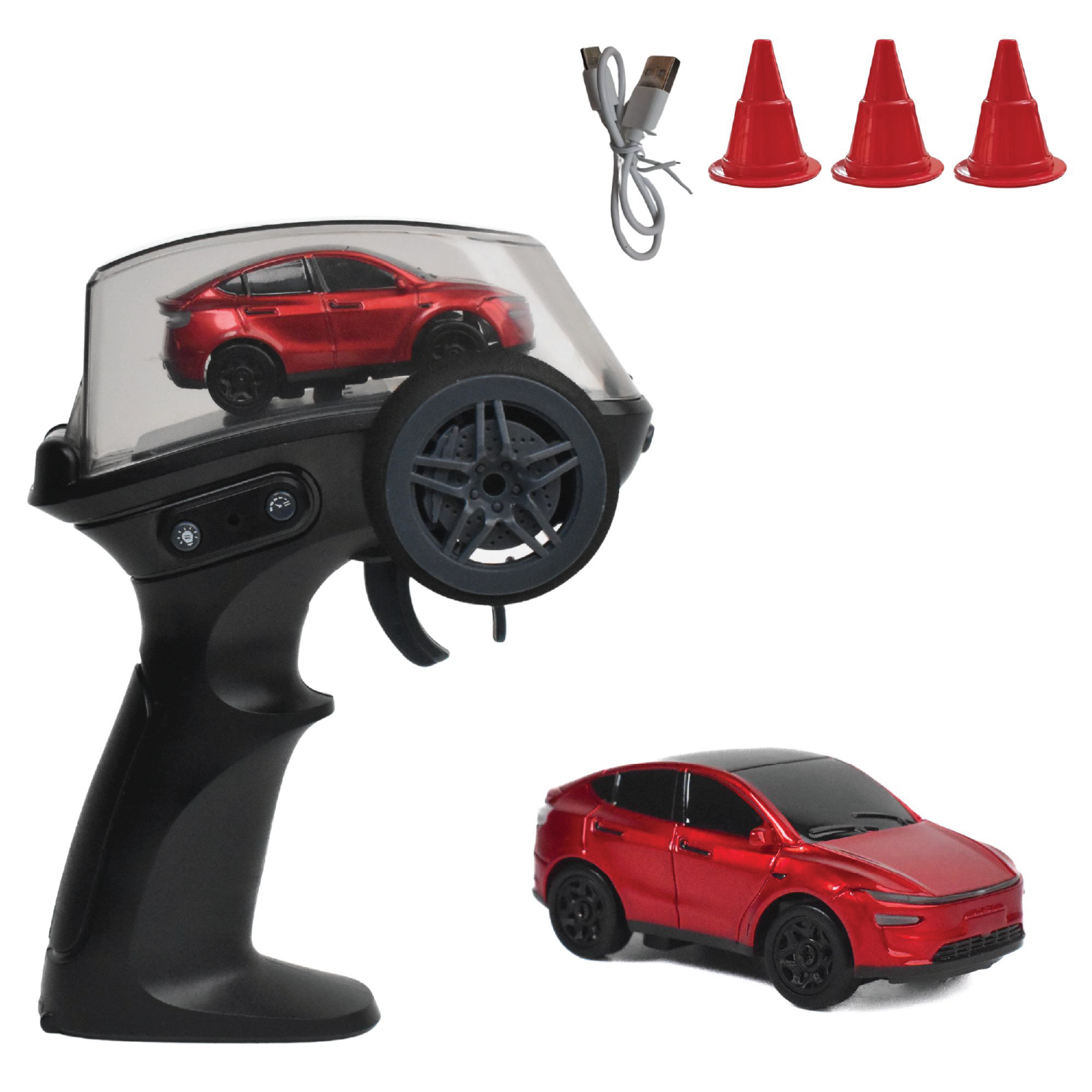 Remote control car set with red car, black remote, and traffic cones on a white background