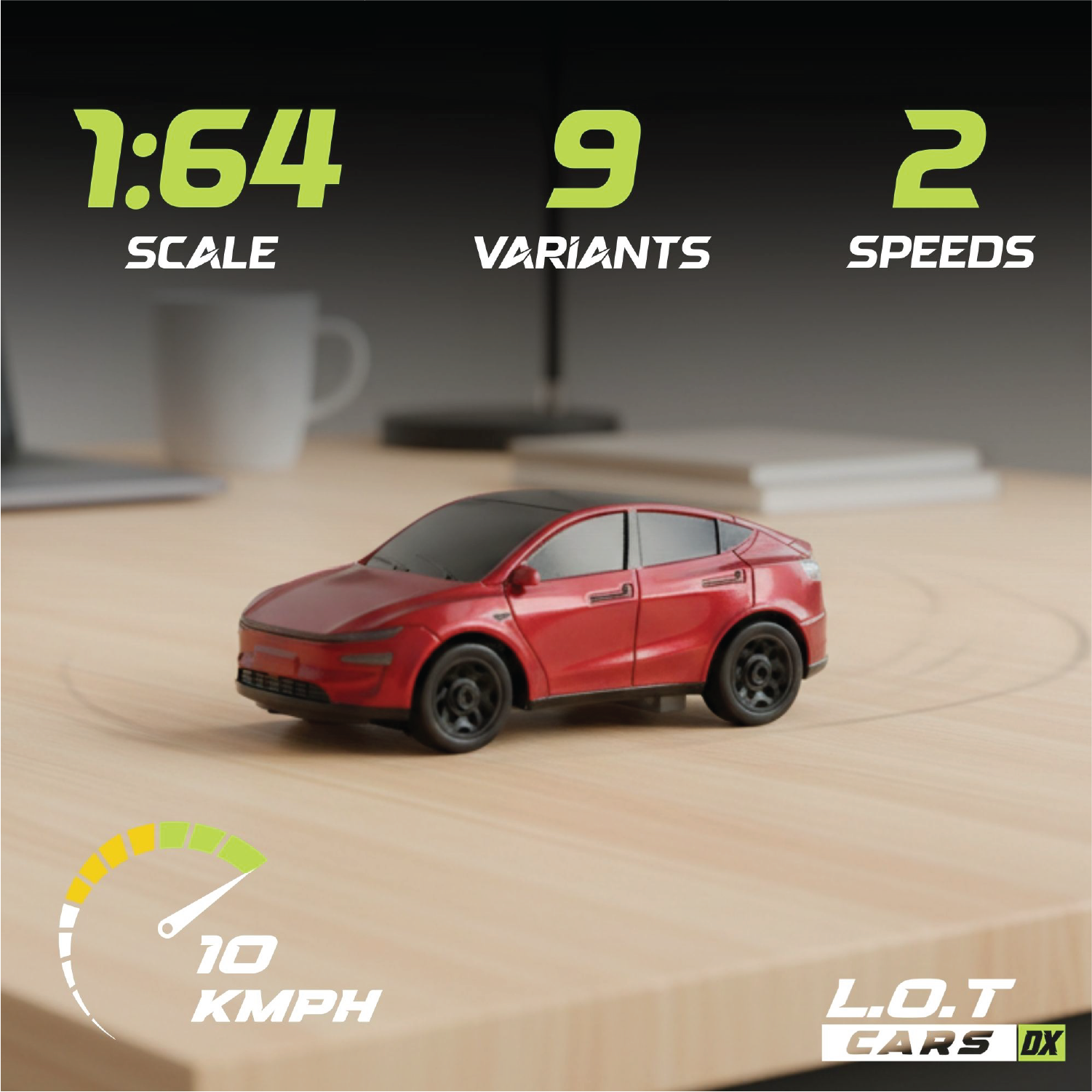 Red toy RC car on a desk with product specifications displayed.