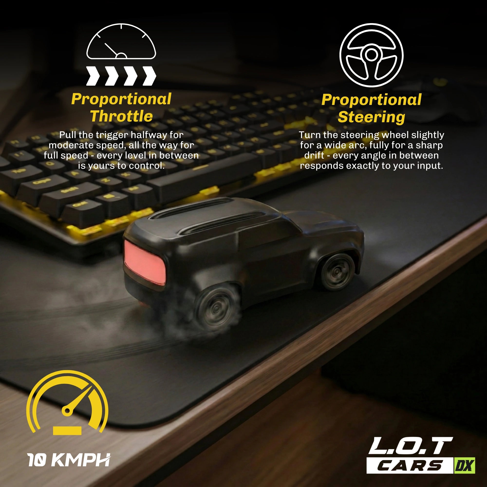 RC car on a desk with keyboard, text about proportional throttle and steering, and L.O.T Cars DX branding.