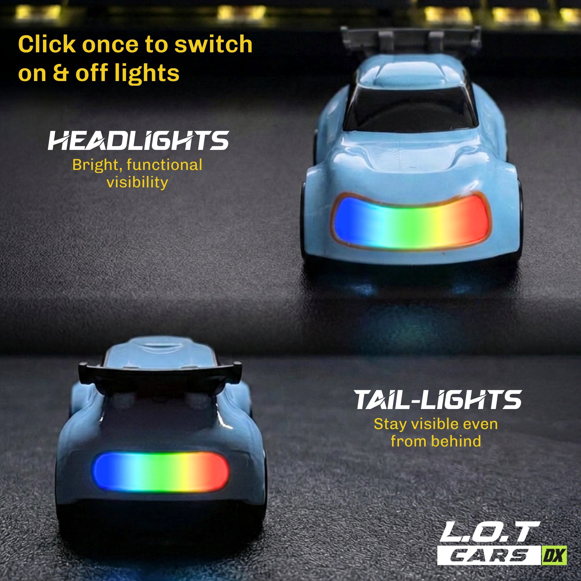 Two RC cars with illuminated headlights and tail lights on a dark surface.
