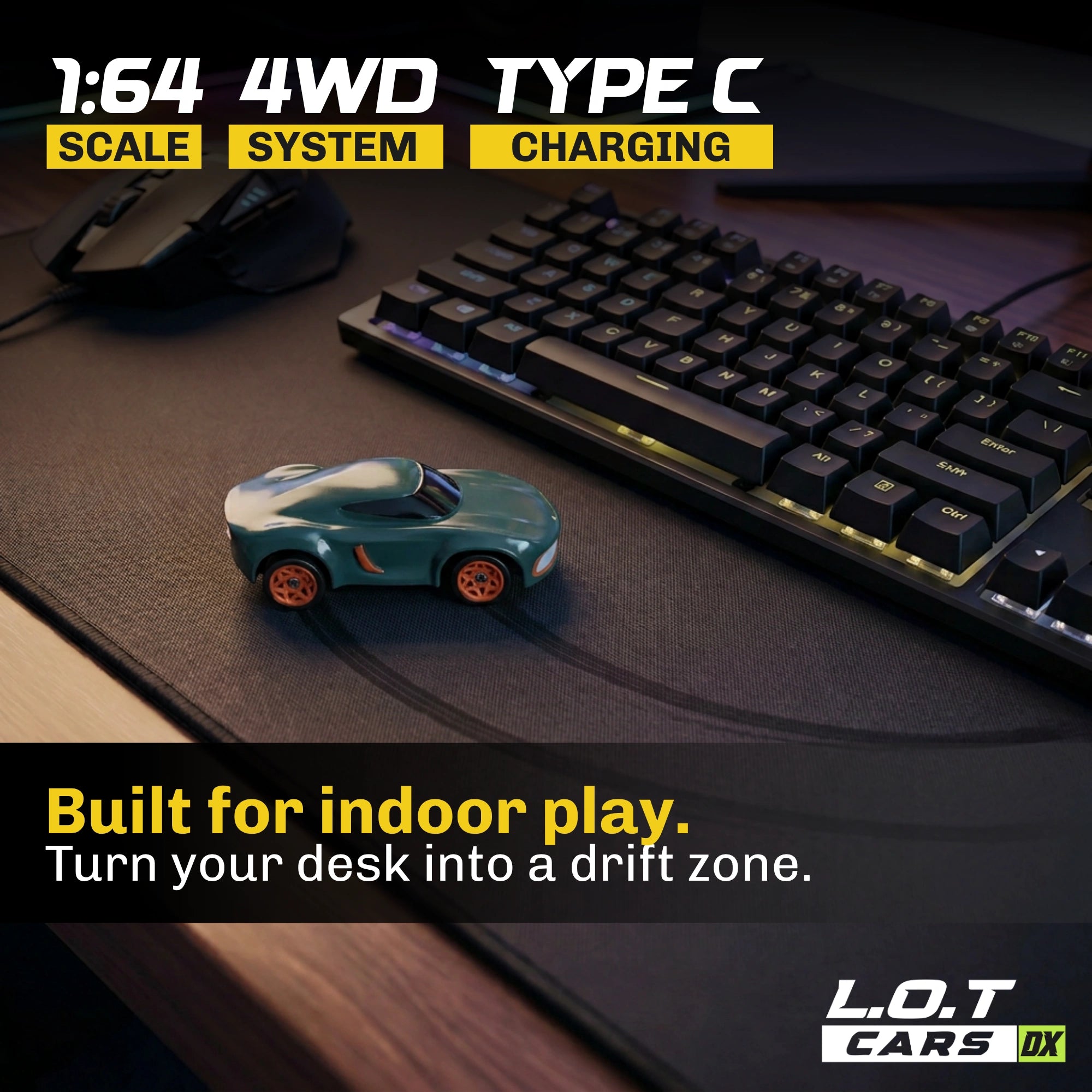 Small RC car on a desk with a keyboard, mouse, and text about 1:64 scale, 4WD system, and charging capabilities.