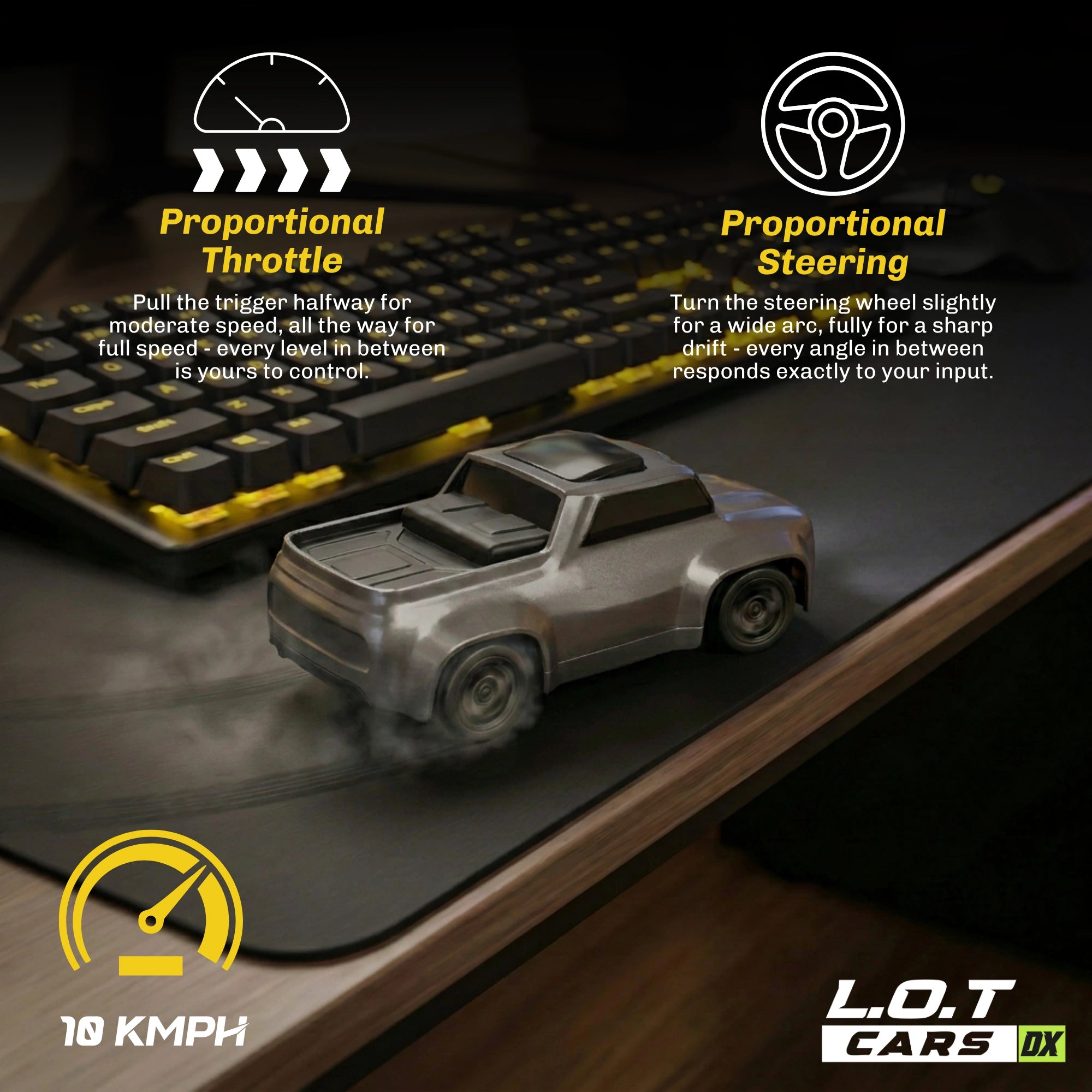 RC car on a desk with keyboard, text about proportional throttle and steering, and L.O.T Cars DX branding.