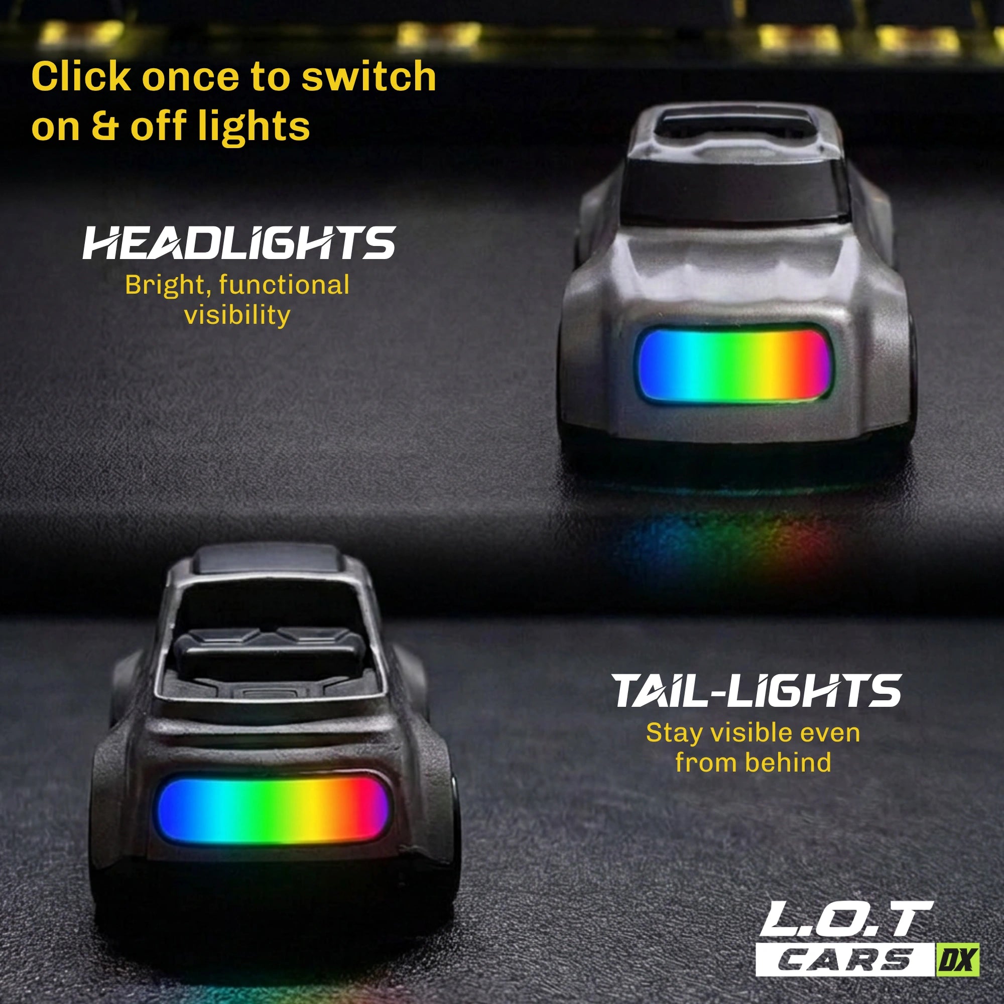 RC car with headlights and tail lights displaying rainbow colors on a dark background.