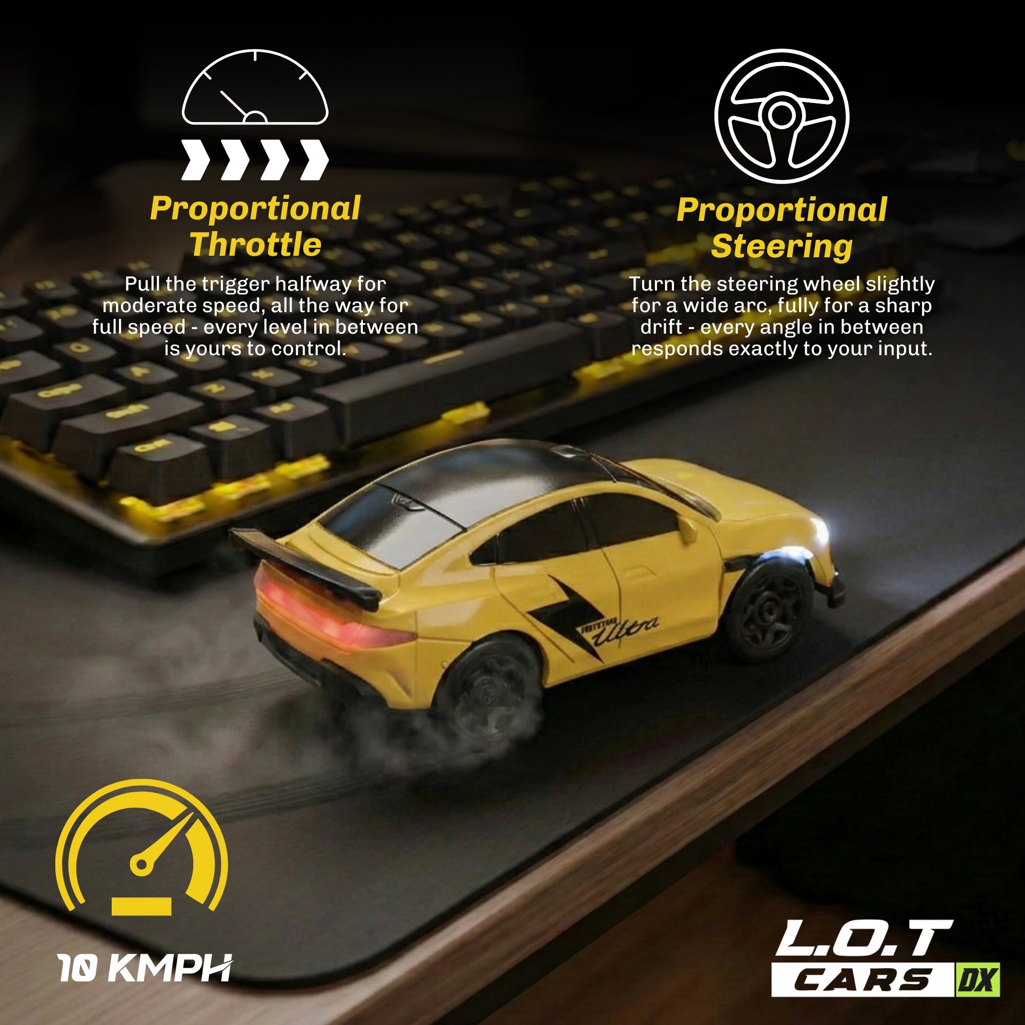 Yellow RC car on a track with control devices and text about proportional throttle and steering.