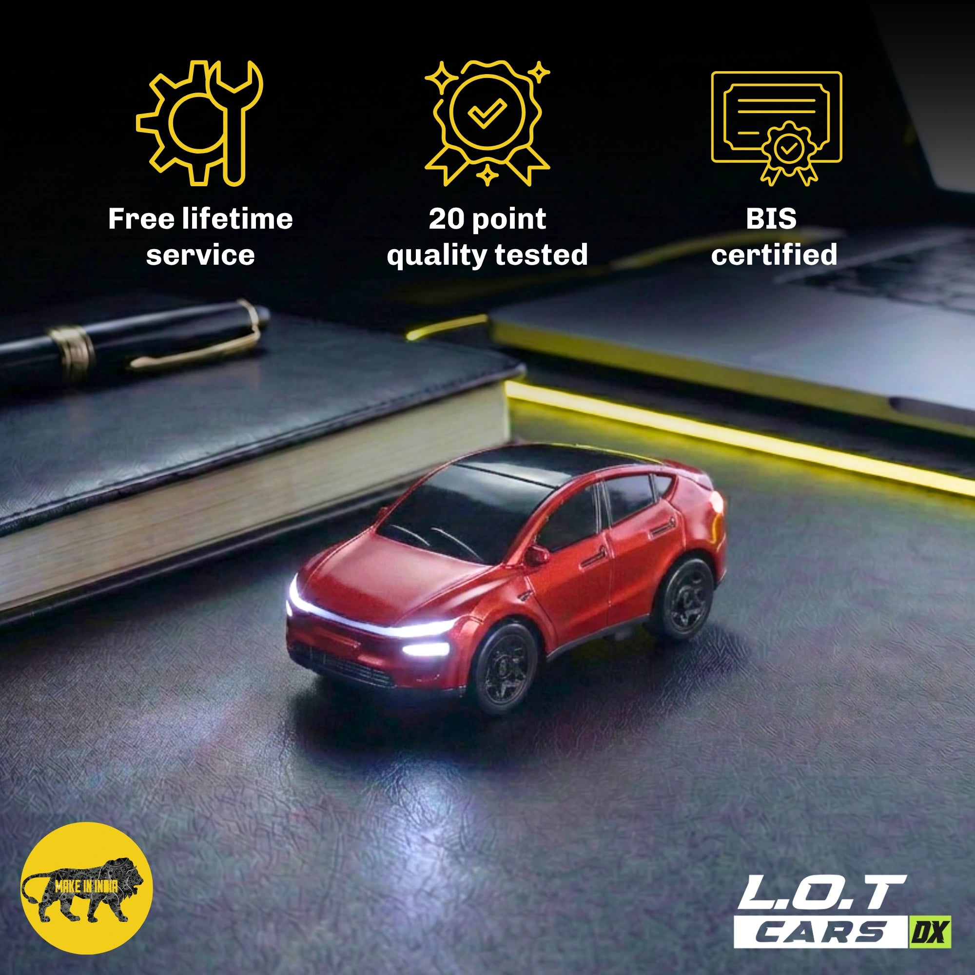 Red RC car on a dark surface with certification icons and text.