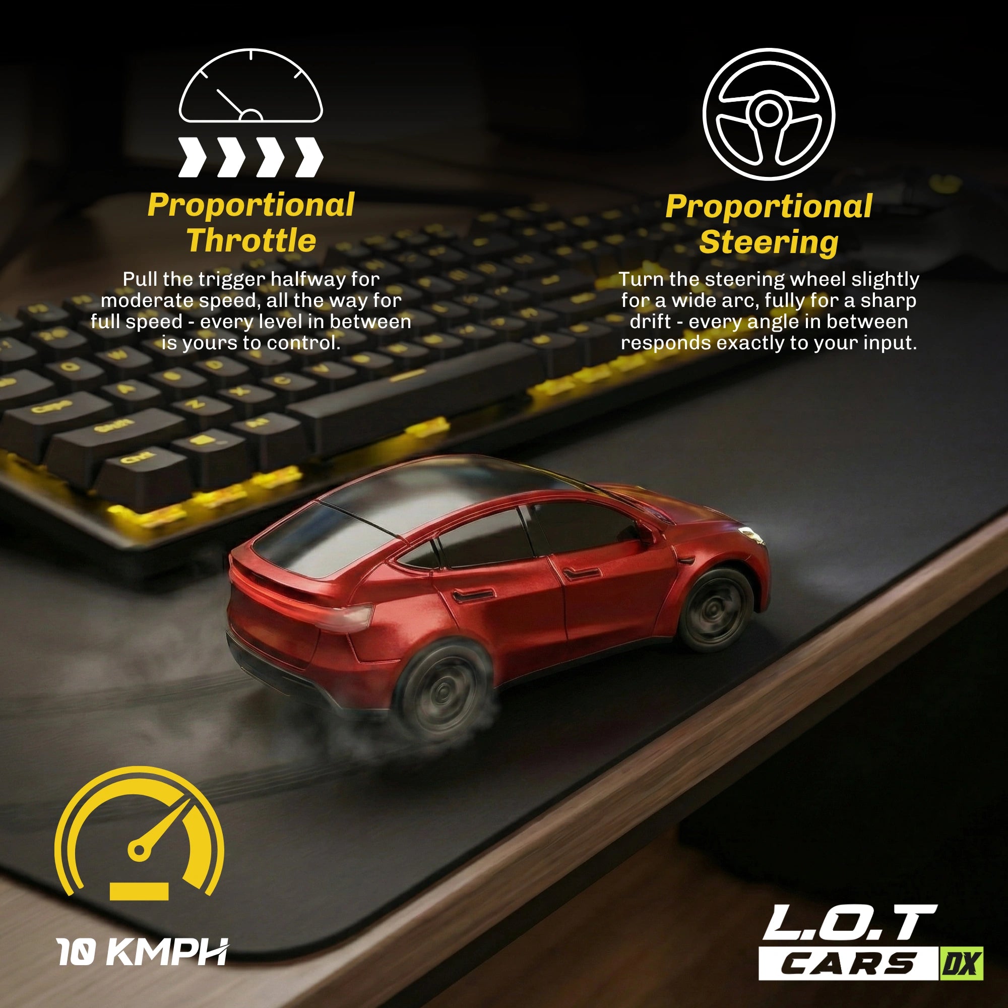 RC car on a track with proportional throttle and steering controls displayed.