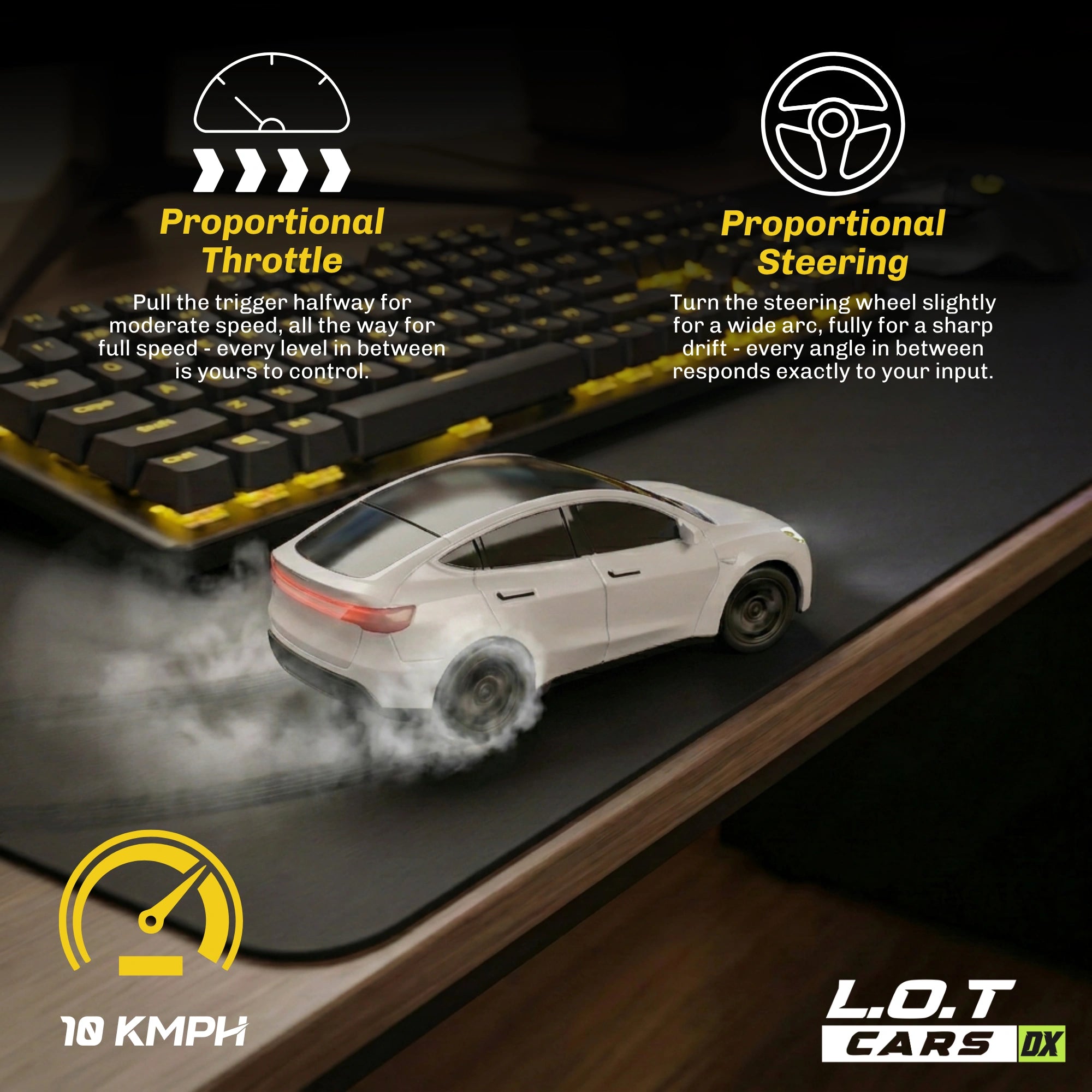 RC car on a desk with keyboard, text about proportional throttle and steering, and L.O.T Cars DX branding.