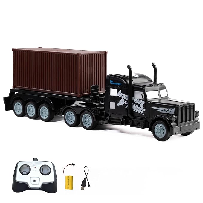 Toy RC truck with brown container and remote control on a white background
