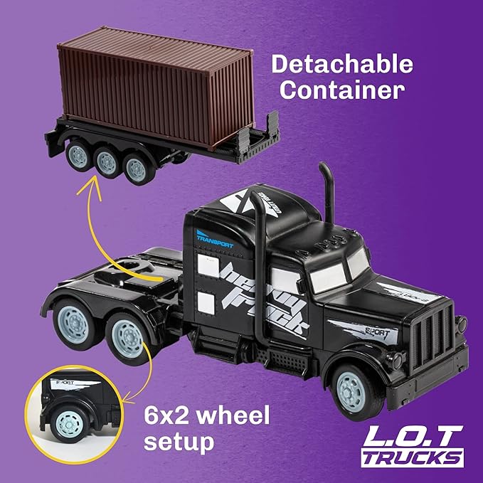 Black RC truck with detachable container on a purple background, featuring L.O.T. Trucks branding.