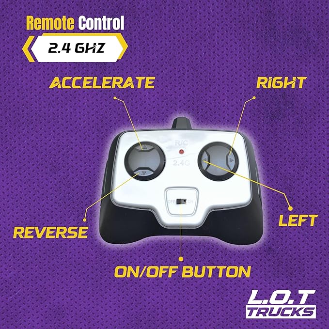 Remote control with labeled buttons on a purple background, featuring L.O.T Trucks branding.