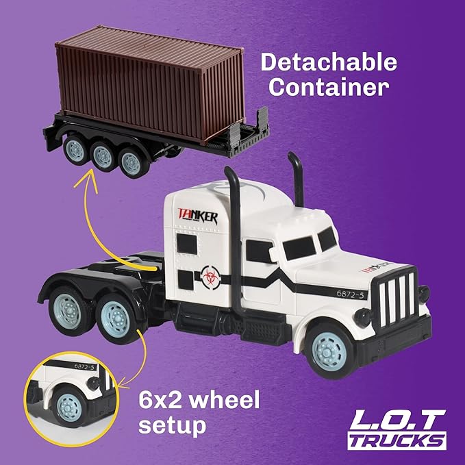 White RC truck with detachable container on a purple background, featuring L.O.T. Trucks branding.