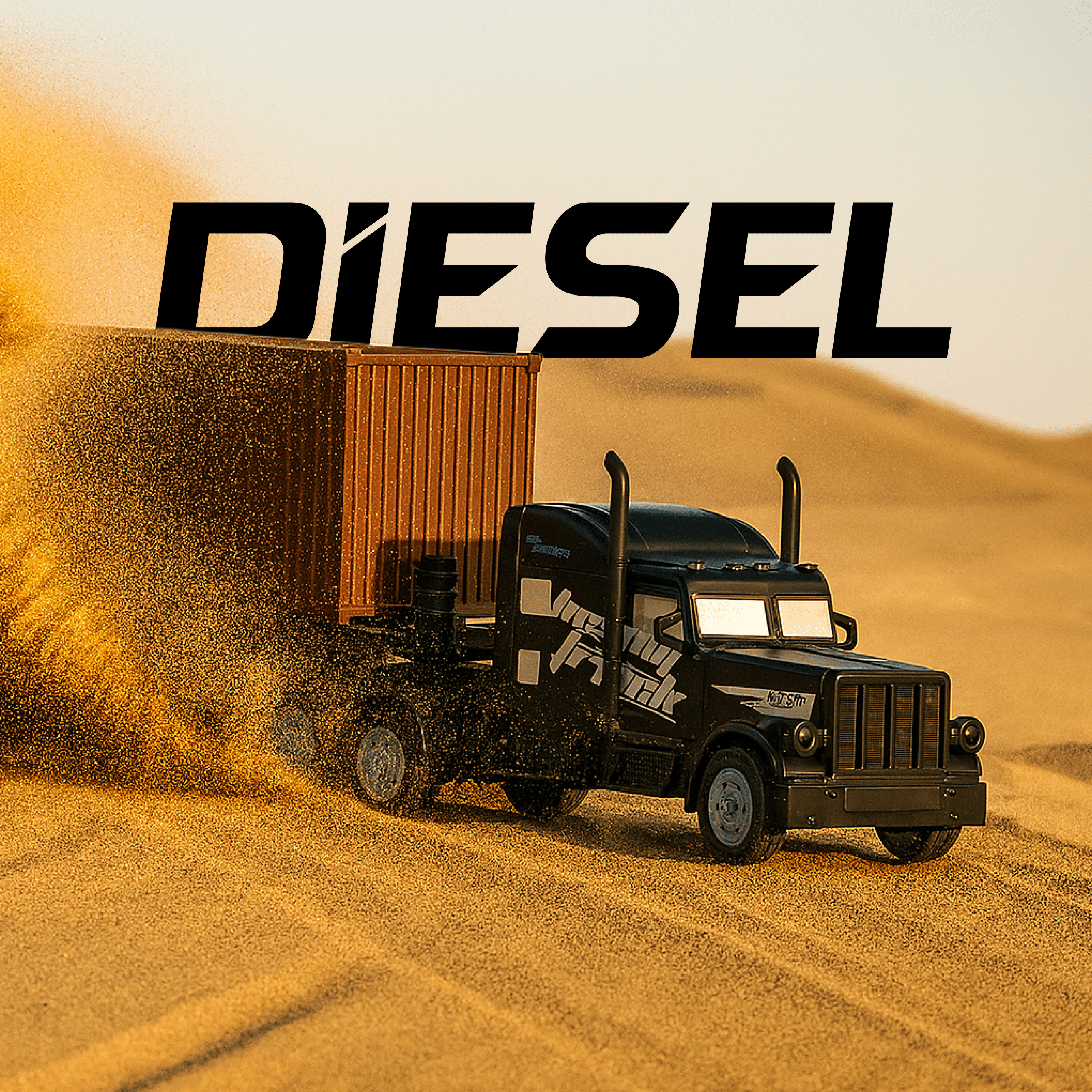 Black RC Model truck with 'DIESEL' text on a desert background