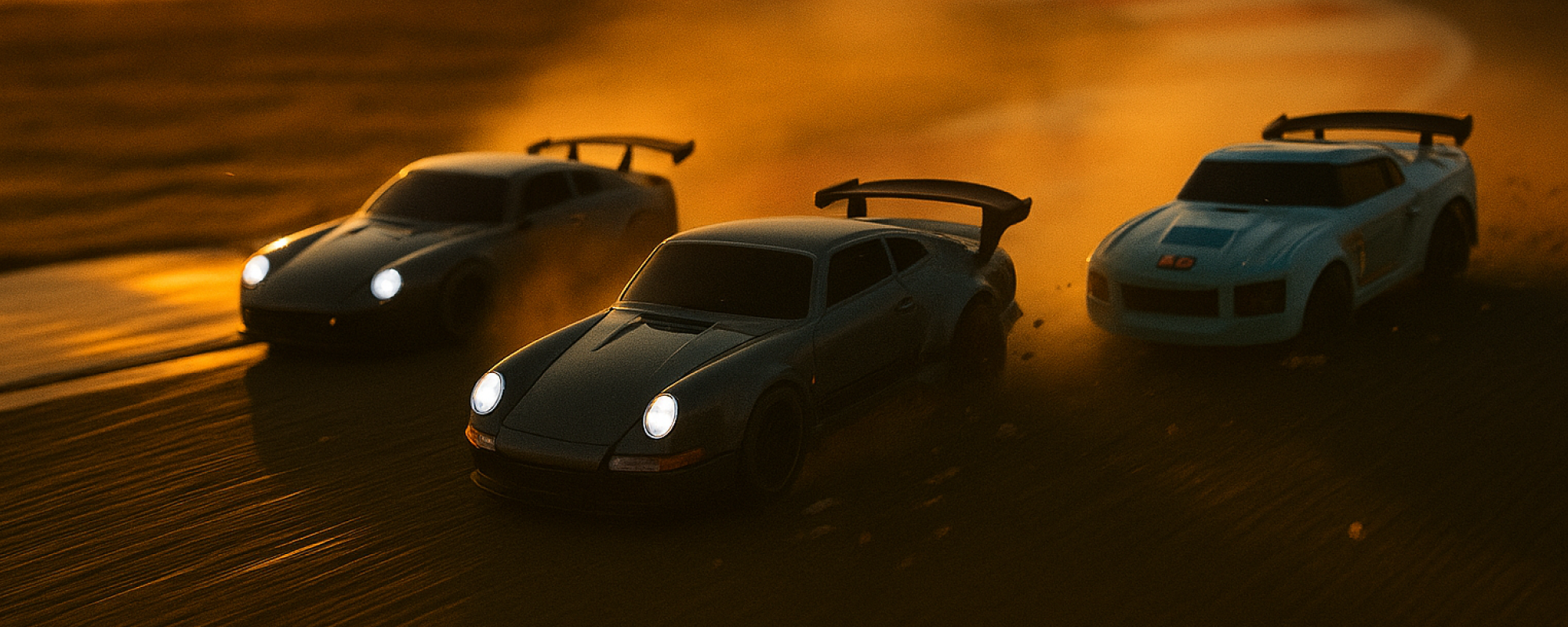Three racing cars on a track with a warm, glowing background