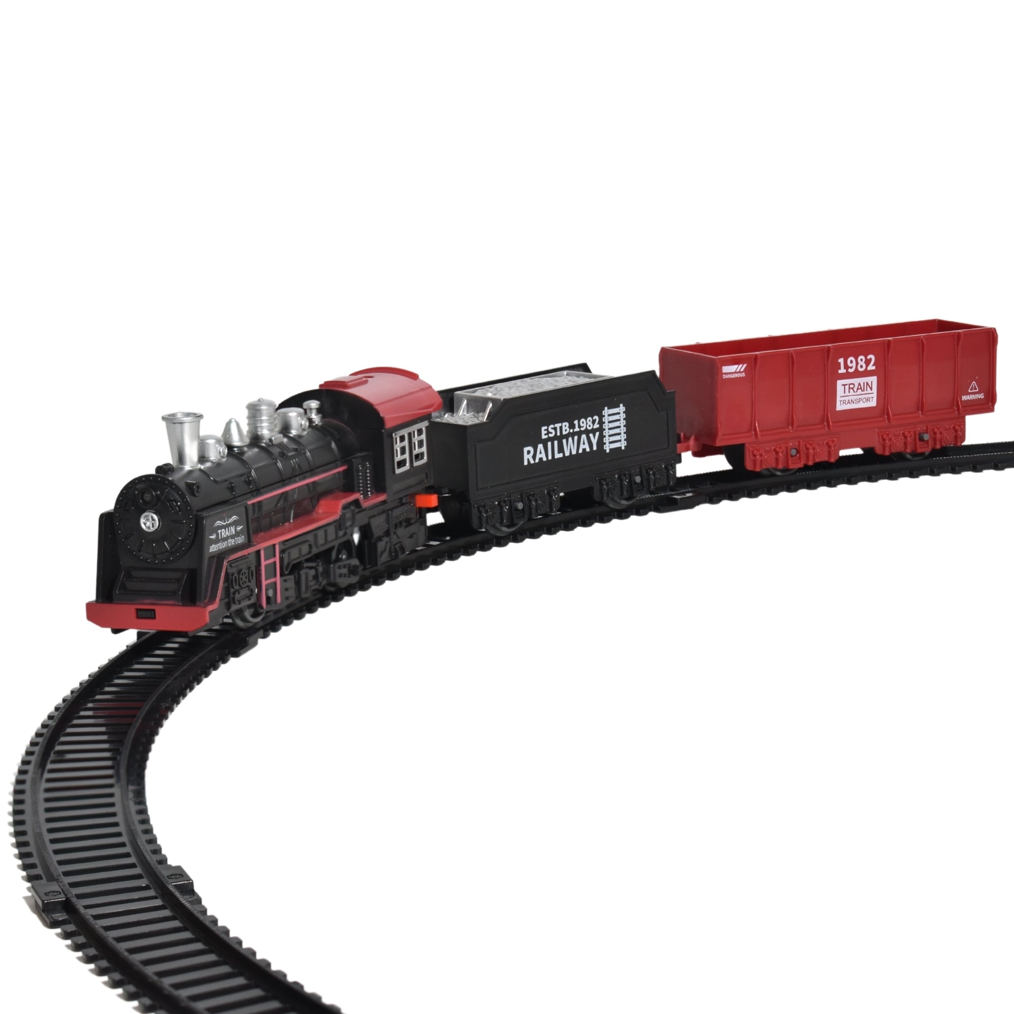 A vintage-style cargo toy train with a black and red color scheme, including a steam locomotive and two rail cars on a track.