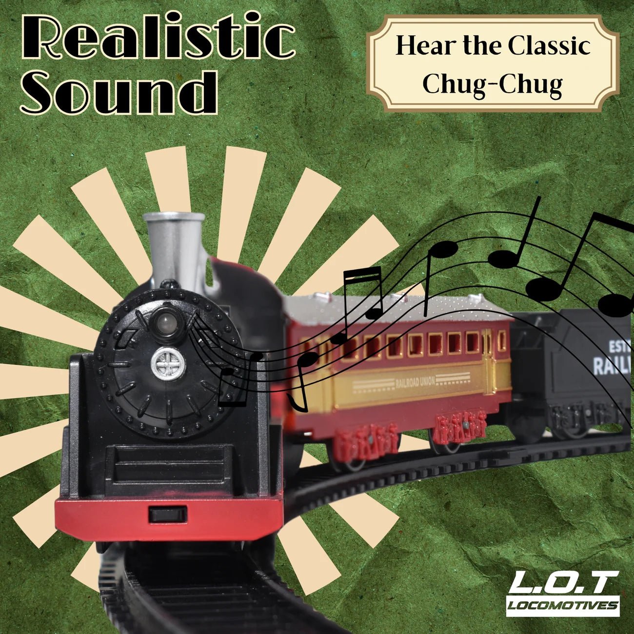 Toy RC train set with tracks on a green background, featuring text about realistic sound effects.
