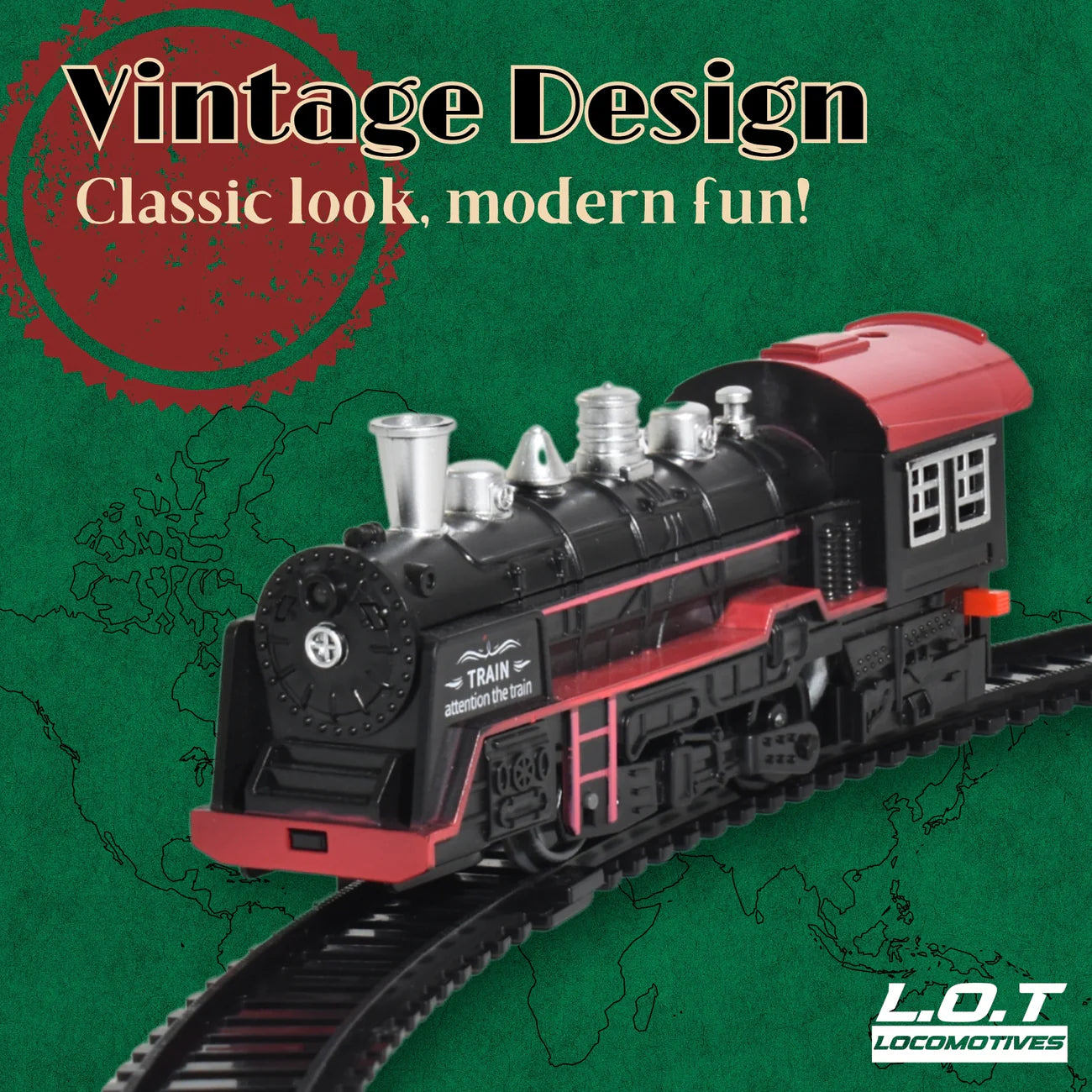Model of a RC train engine on a green background with 'Vintage Design' text