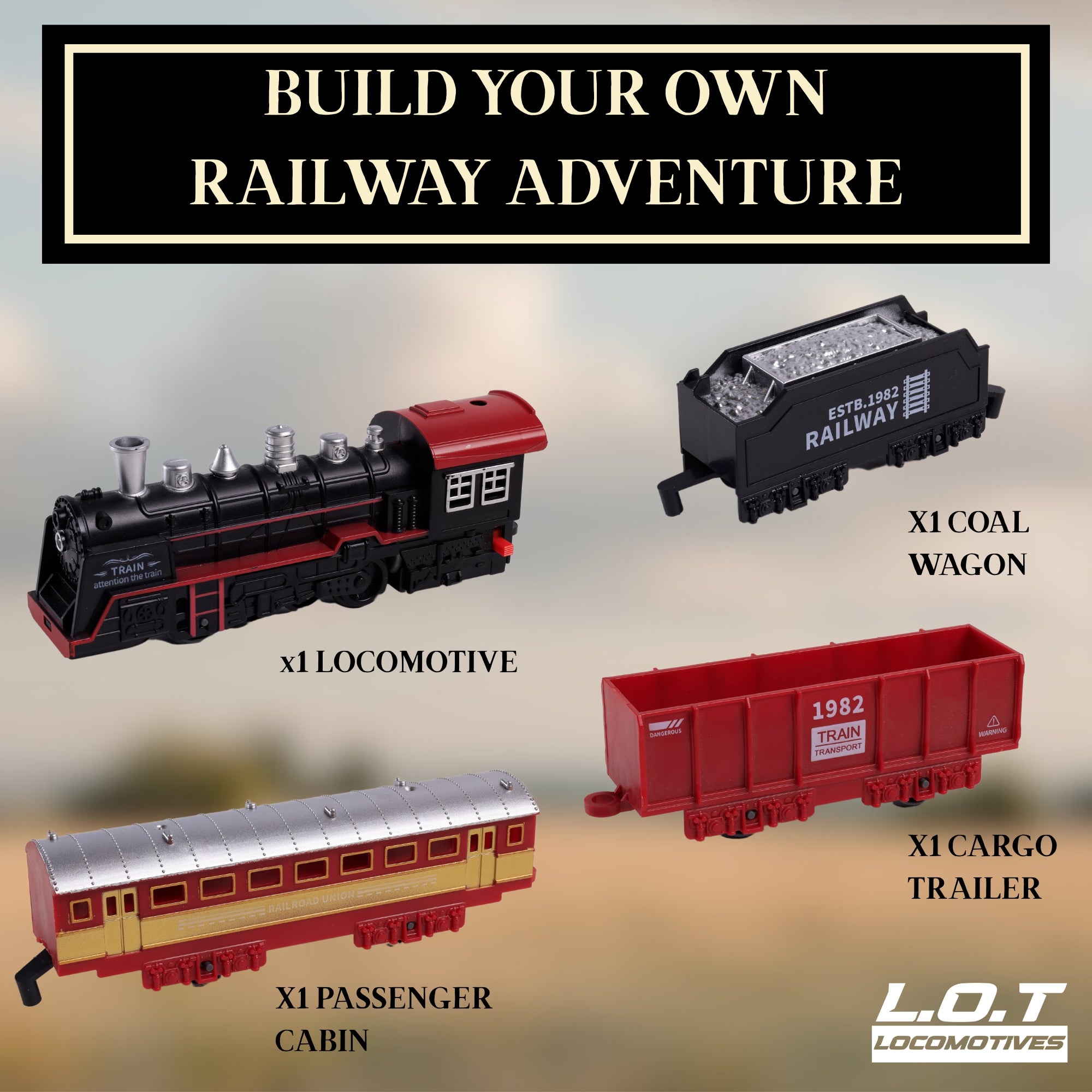 Toy train set with locomotive, coal wagon, cargo trailer, and passenger cabin on a gradient background.
