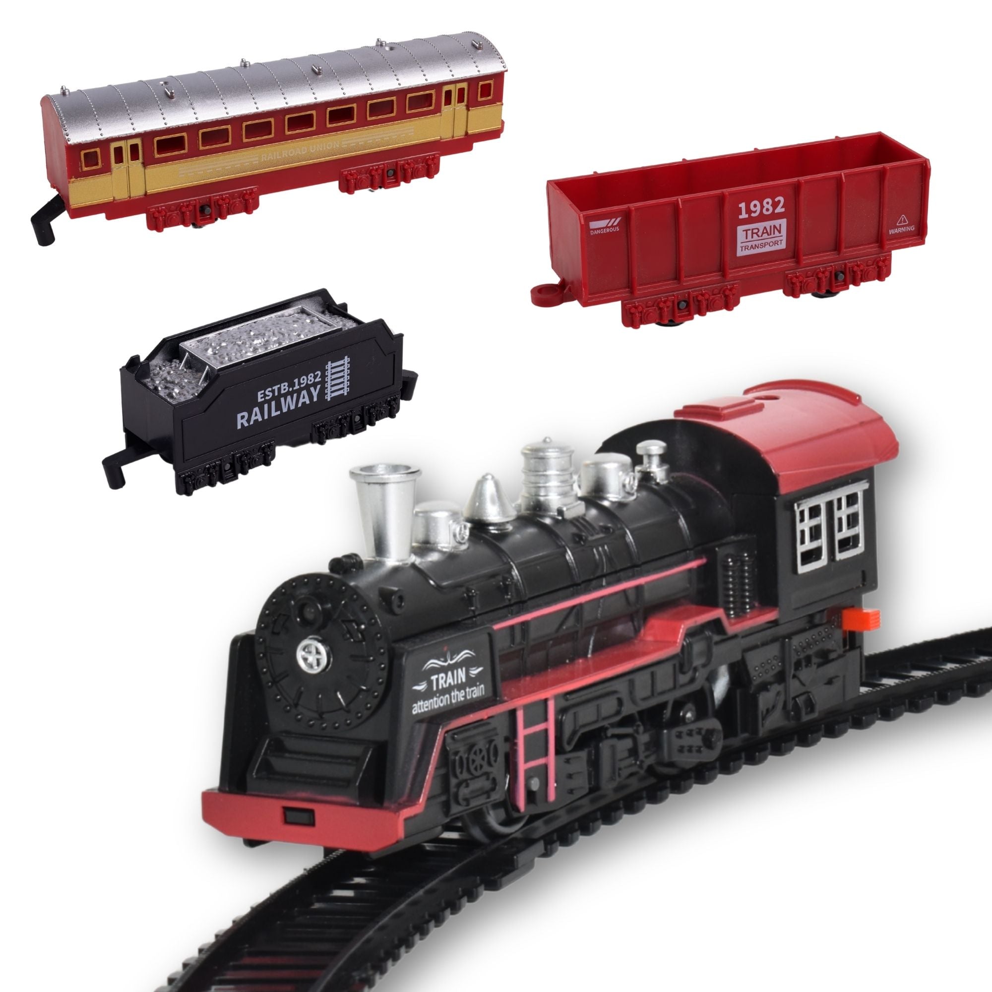 A vintage-style black and red toy steam locomotive with silver smokestacks, connected to a red and gold passenger car and a black freight car on tracks.