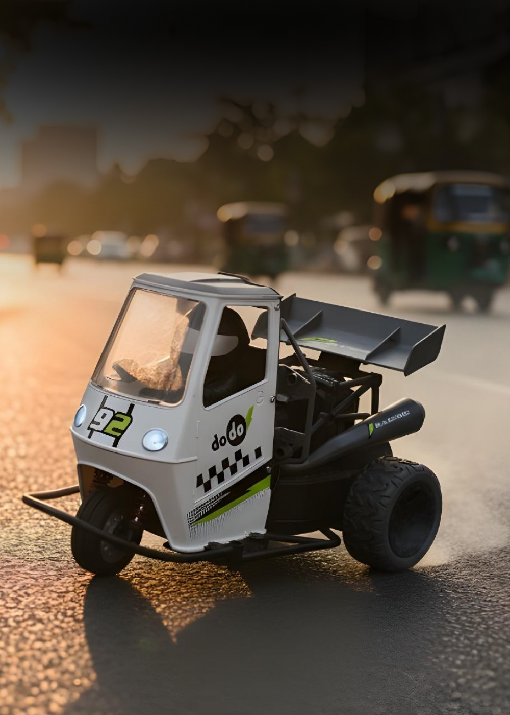 Toy RC truck on a road with blurred background