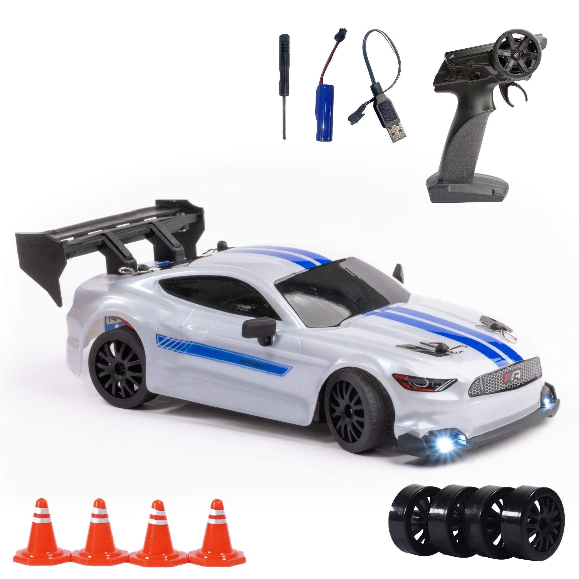 White RC toy car with blue stripes and remote control, cones, and additional parts on a white background