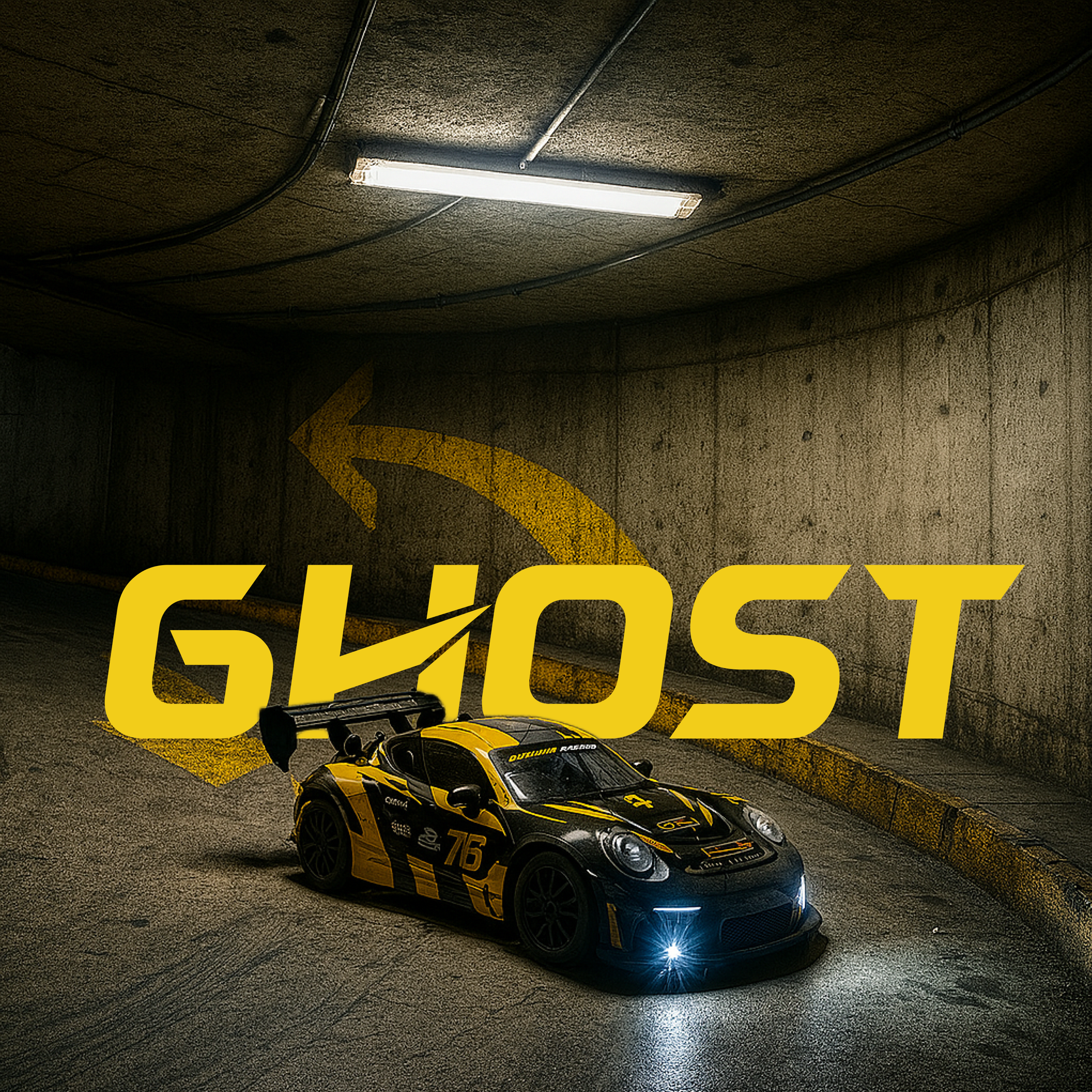 Yellow and black RC race car in a dark tunnel with 'GHOST' branding.