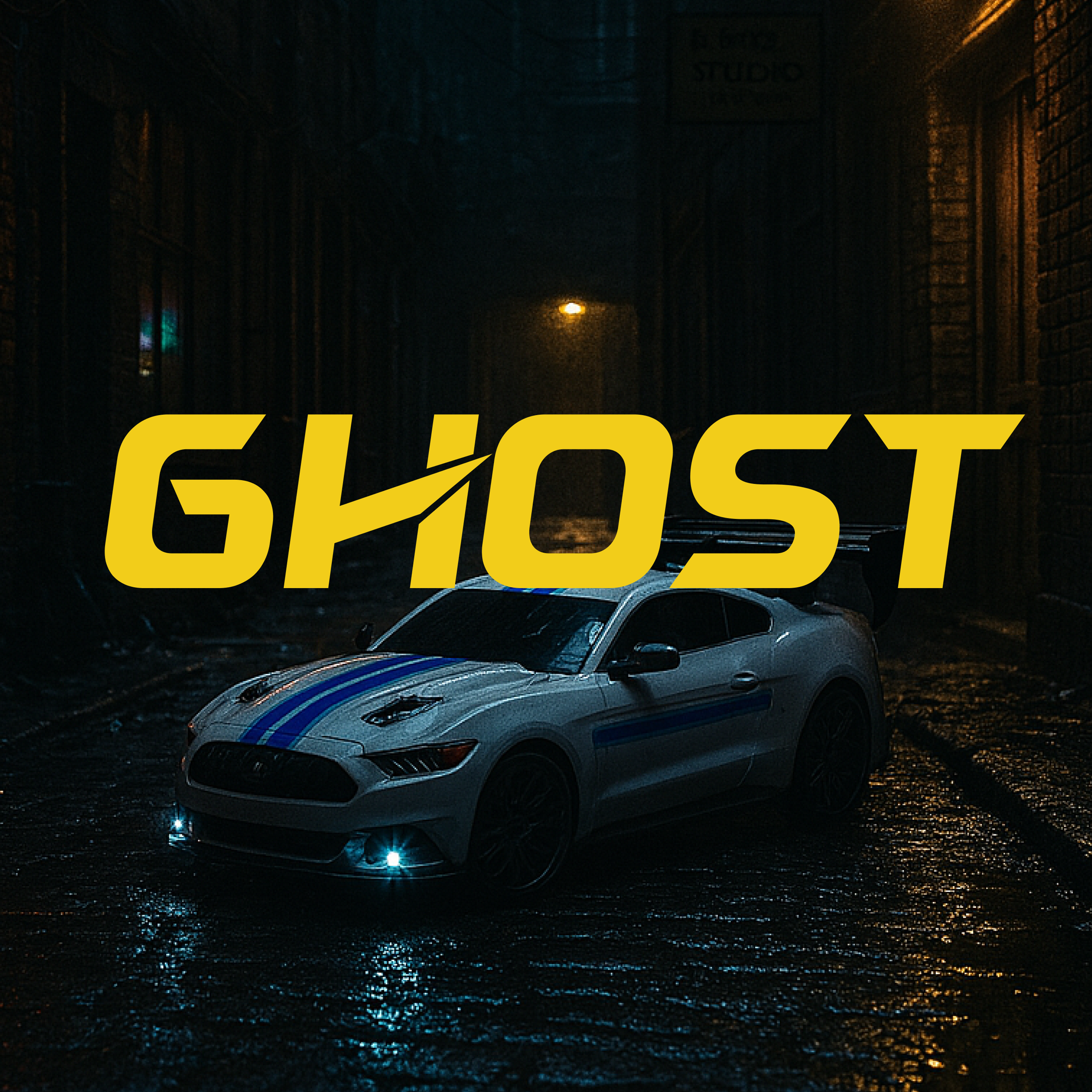 RC Car on a wet street with 'GHOST' text in yellow above