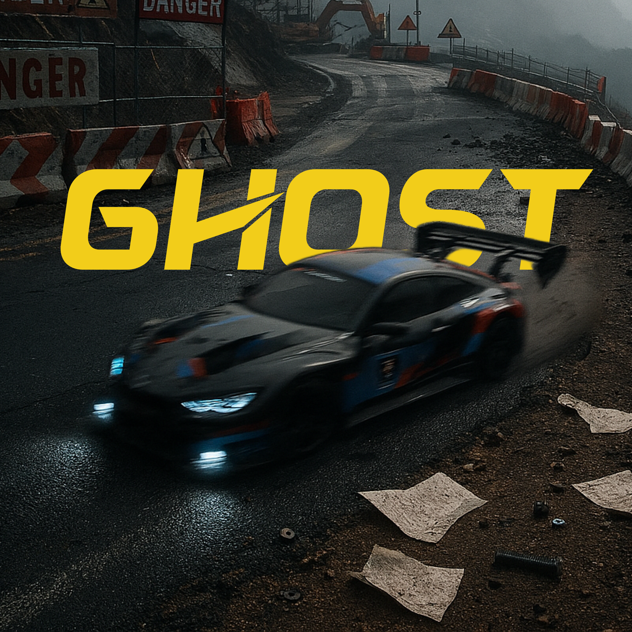 Black RC Car racing on a track with 'GHOST' branding in yellow text.