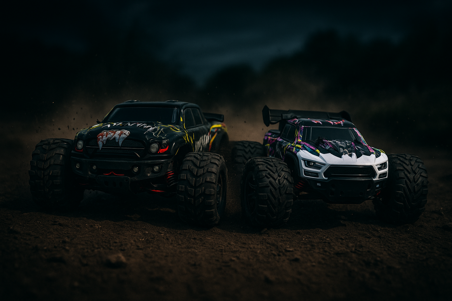 RC off-road vehicles racing on a dirt track at night.