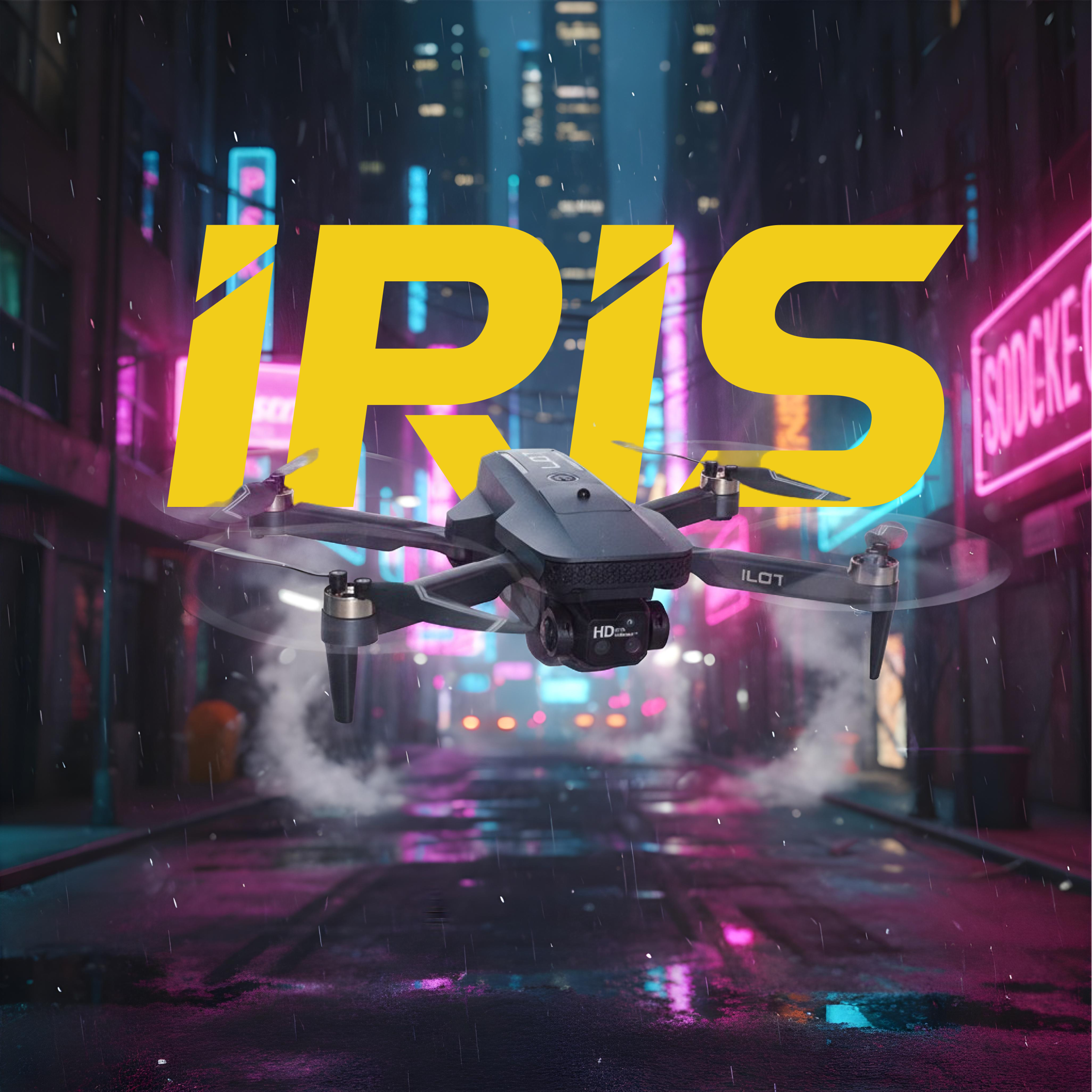 Drone with 'IRIS' branding in a futuristic cityscape