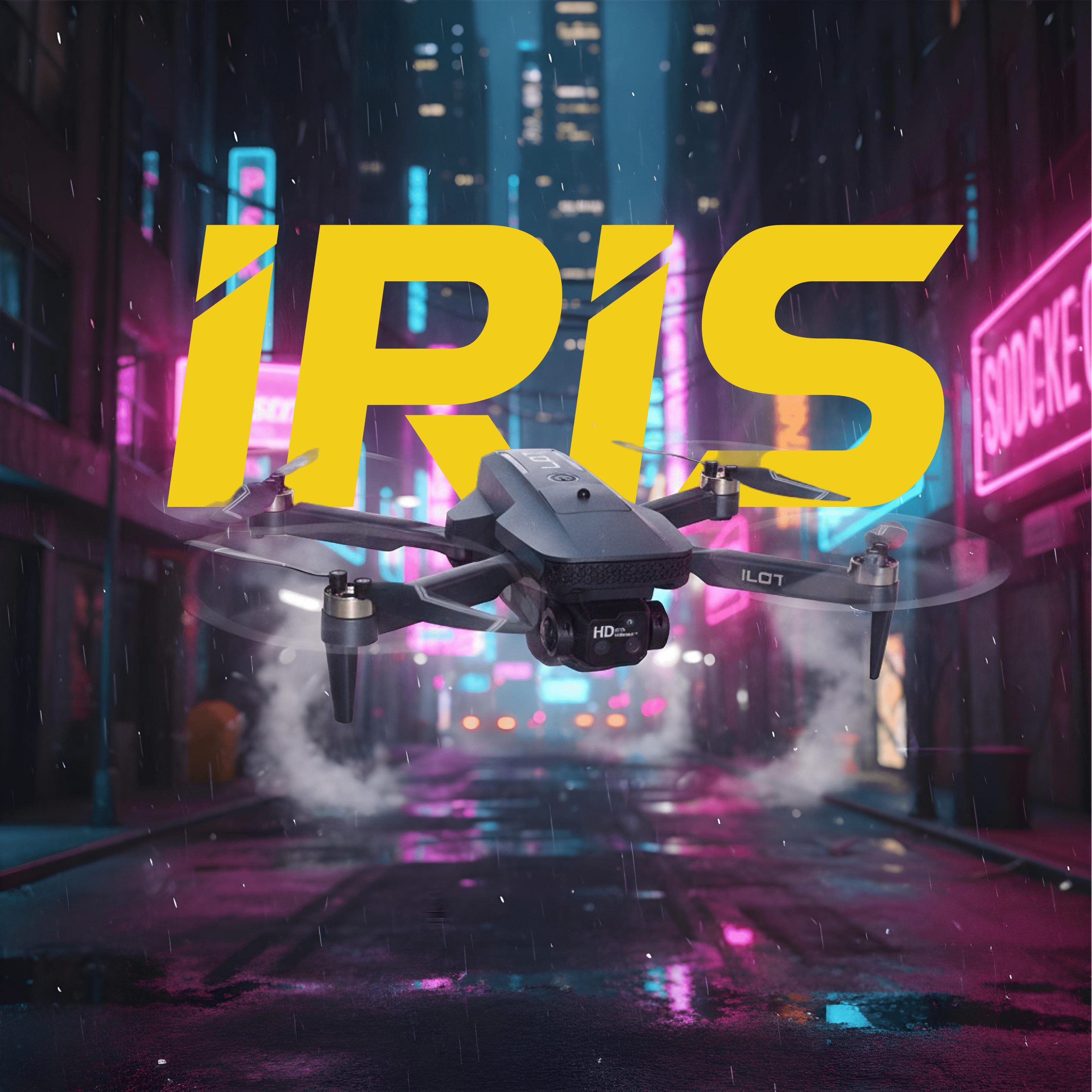 Drone with 'IRIS' branding in a futuristic cityscape