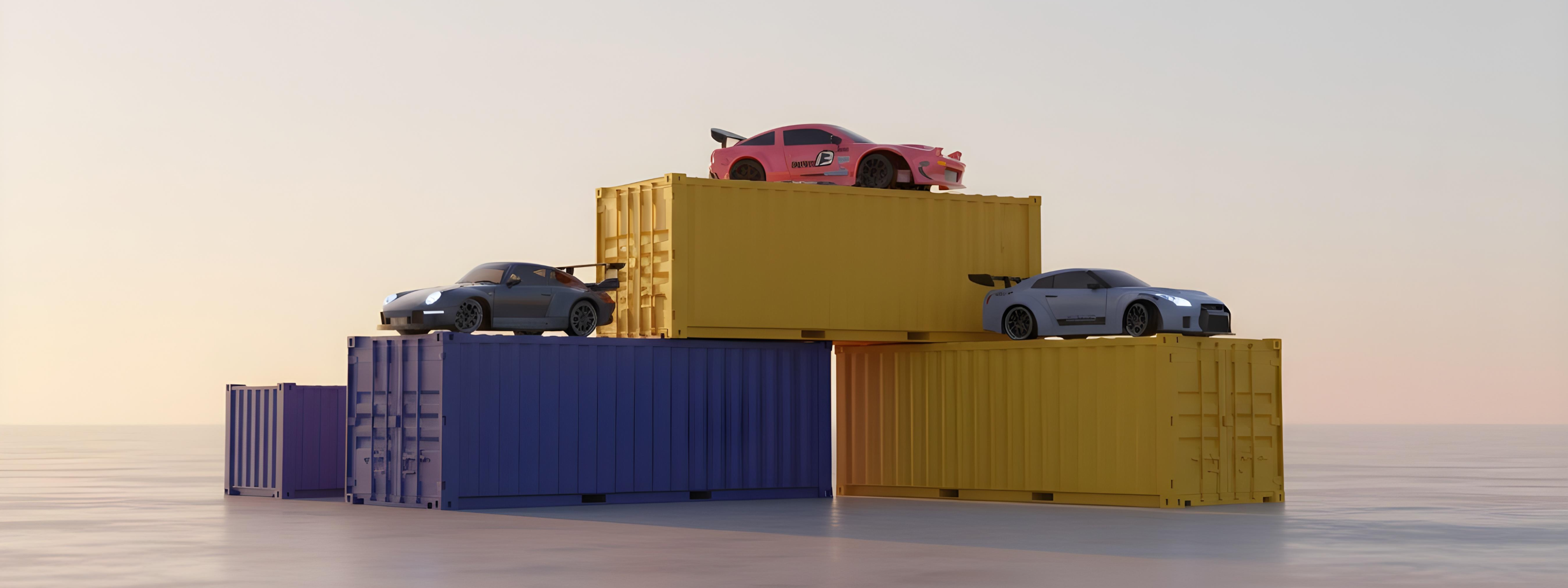 Three RC toy cars on stacked shipping containers against a plain background