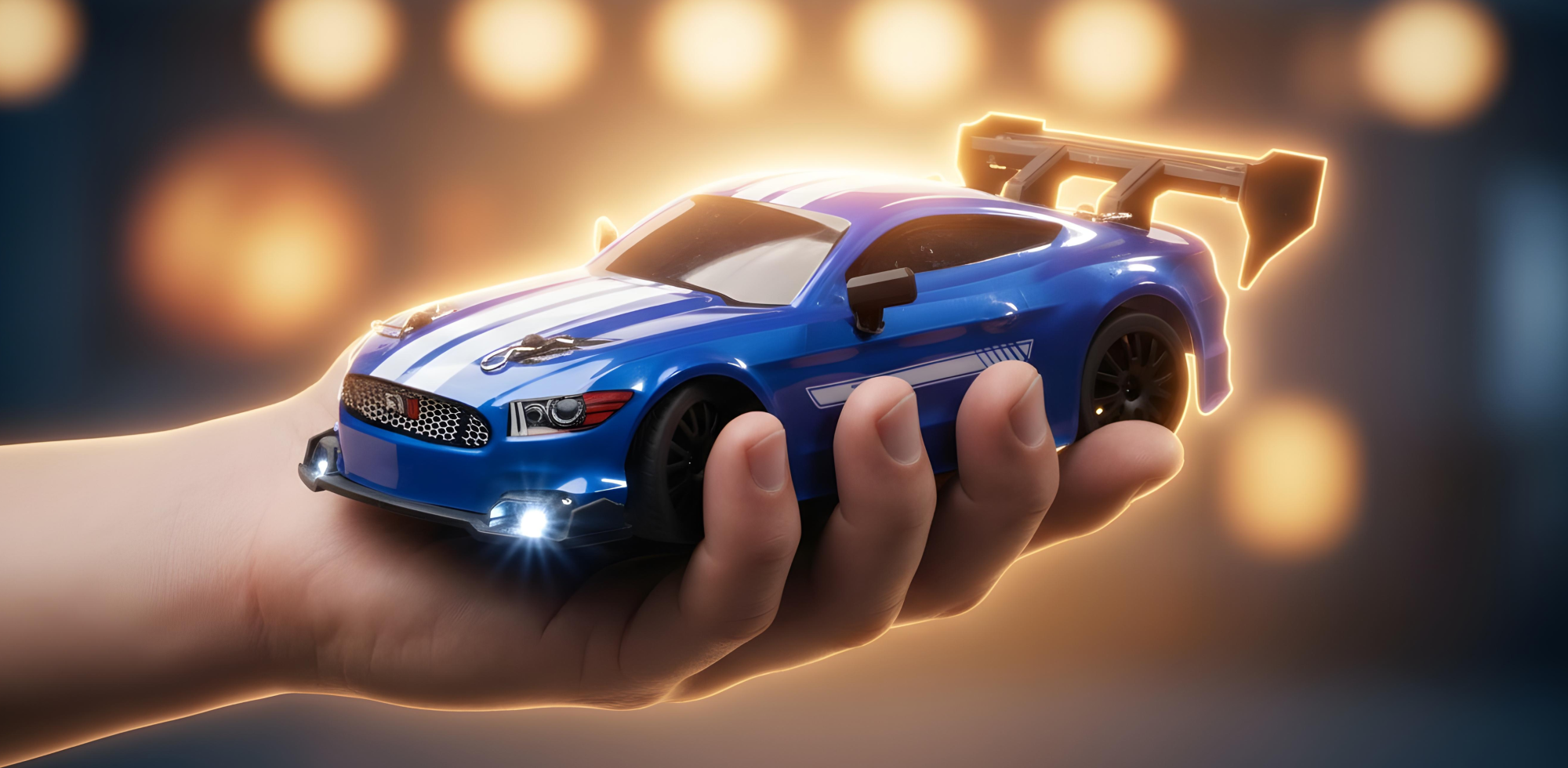 Blue RC toy car held in a hand with a glowing effect against a dark background