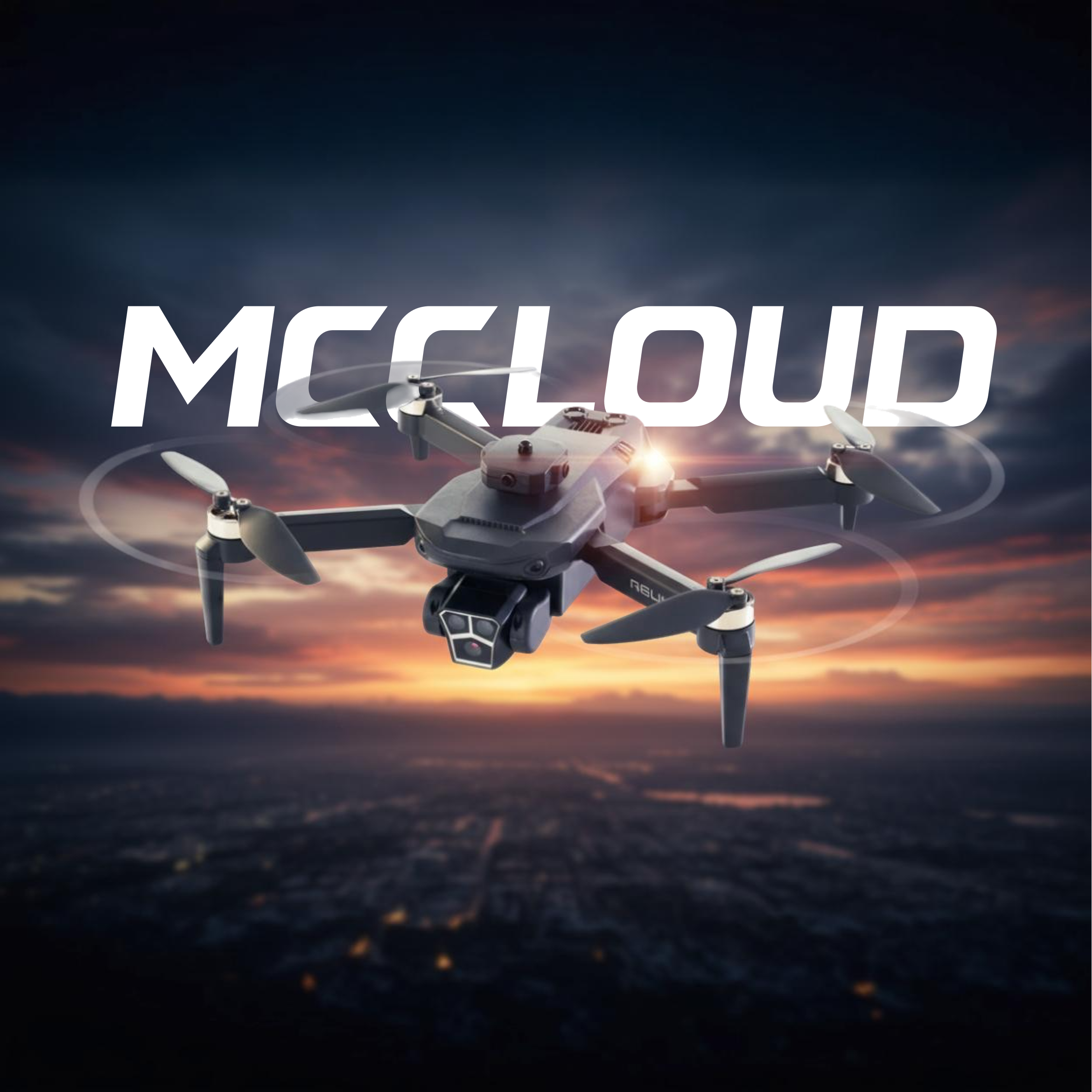 Drone flying against a sunset sky with 'Mccloud' branding.