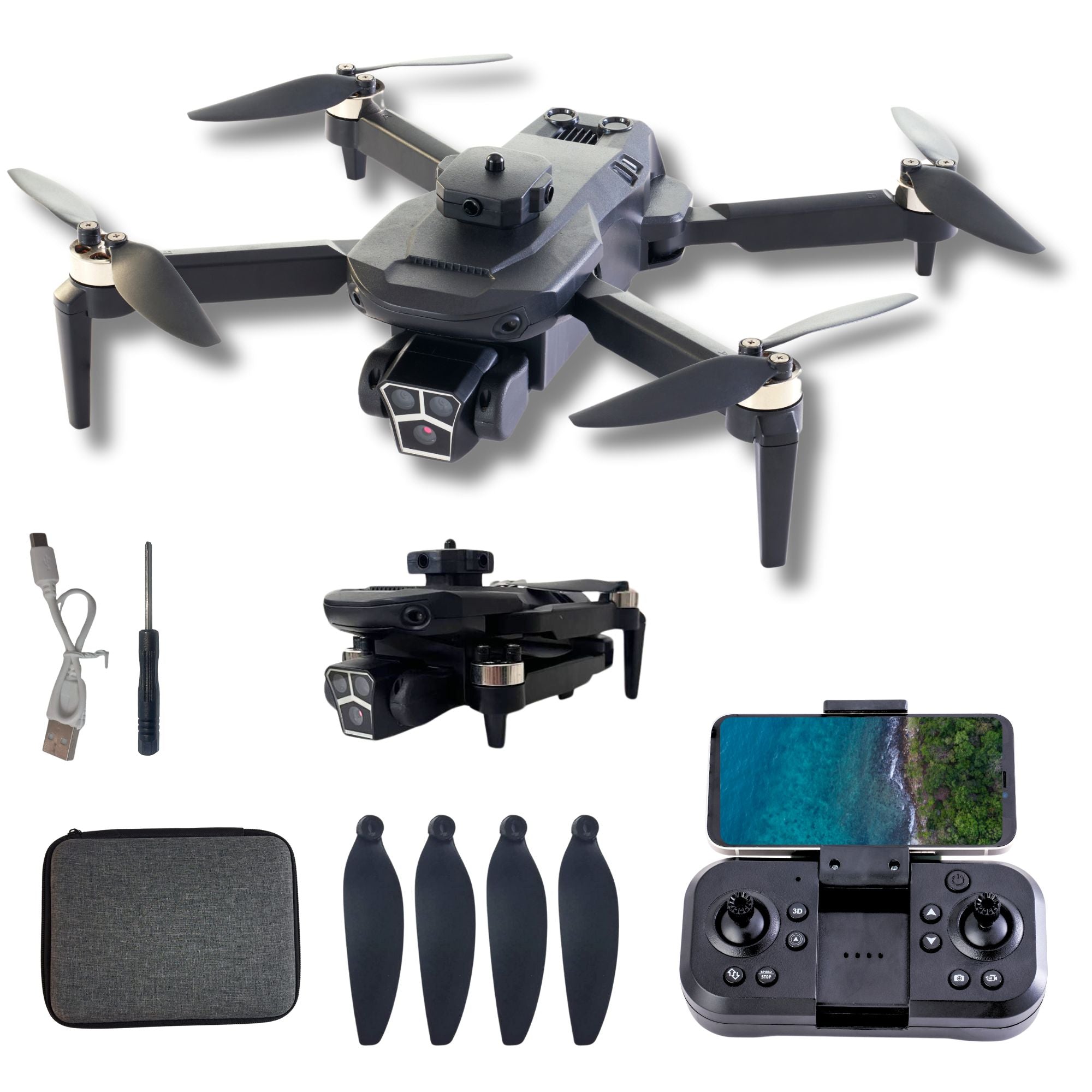 L.O.T Aviation McCloud BLDC RC Drone Toy Product Image with Box, Controller, Drone Propellers, Charging Cable and Screwdriver