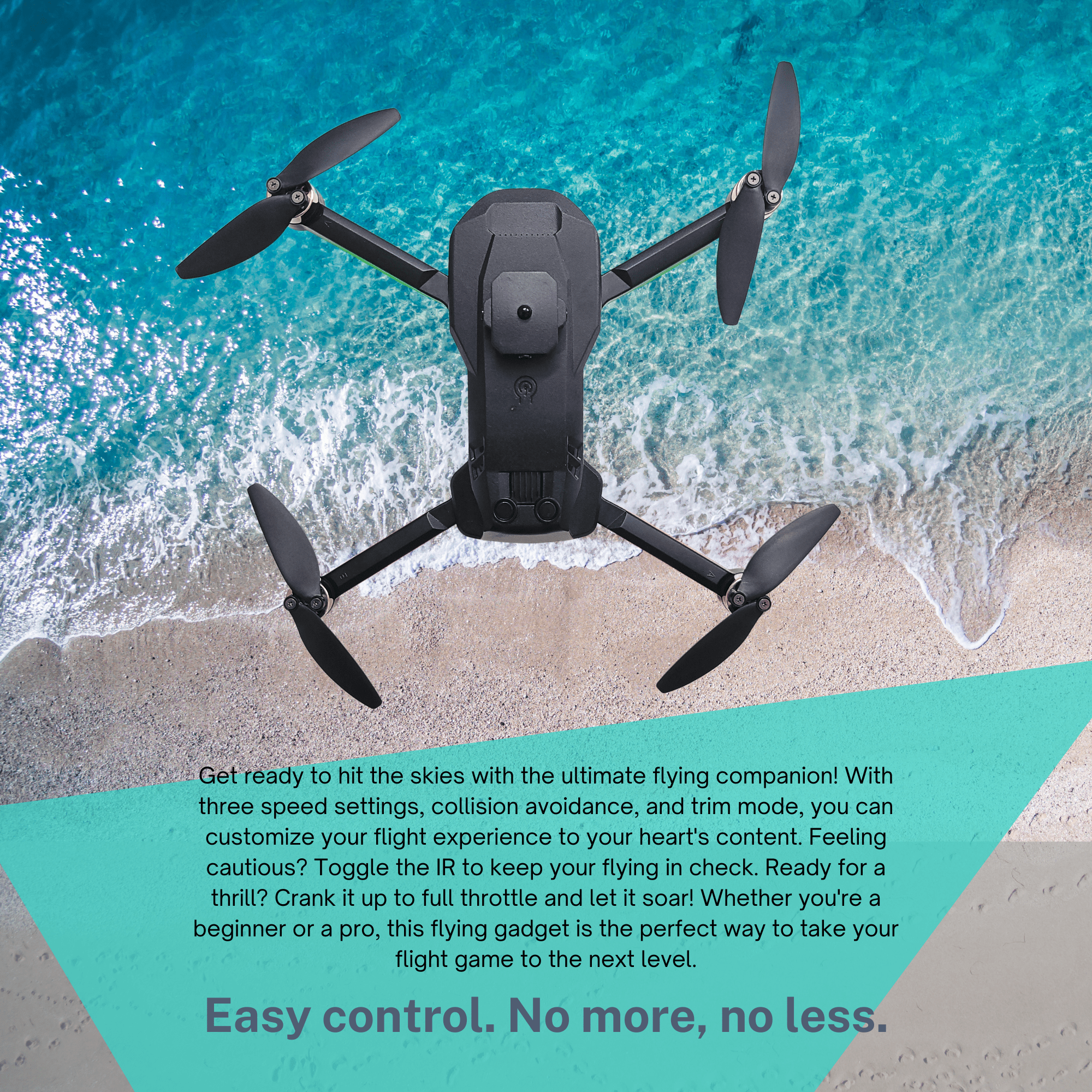 L.O.T Aviation Mccloud Drone with Beach as its background mentioning three speed settings